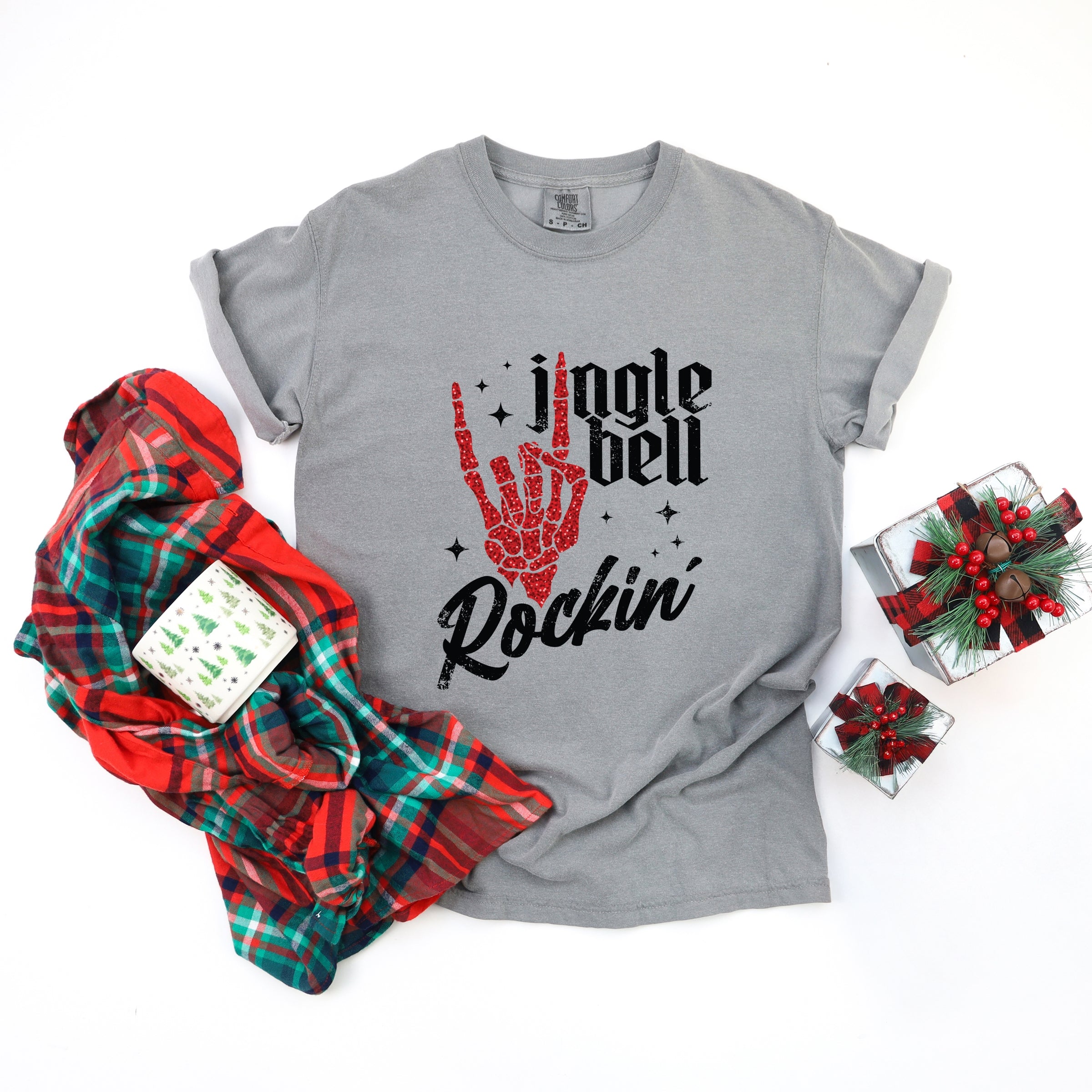 Jingle Bell Rockin' Skeleton Glitter - Womens Garment Dyed Tee