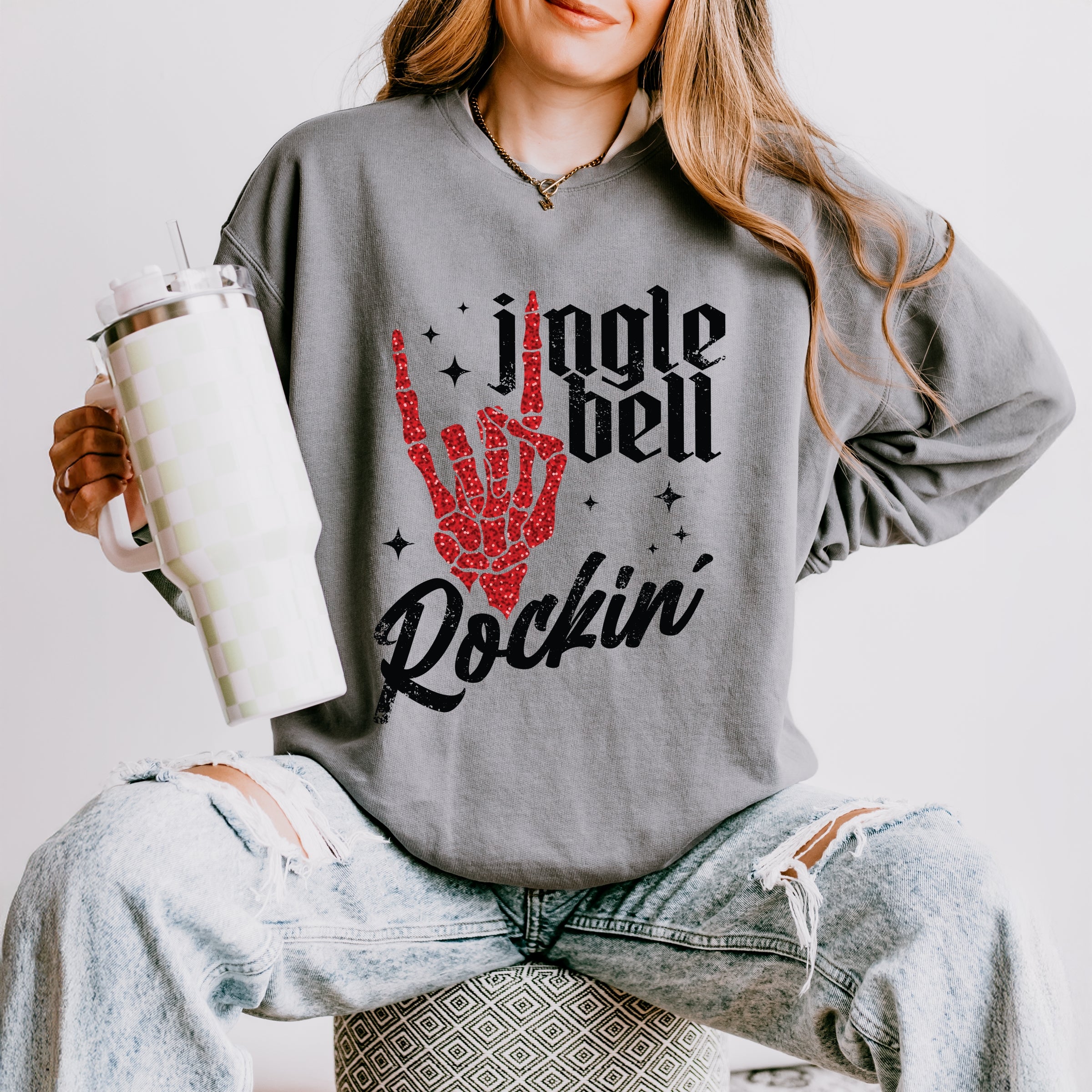 Jingle Bell Rockin' Skeleton Glitter - Womens Lightweight Garment Dyed Sweatshirt