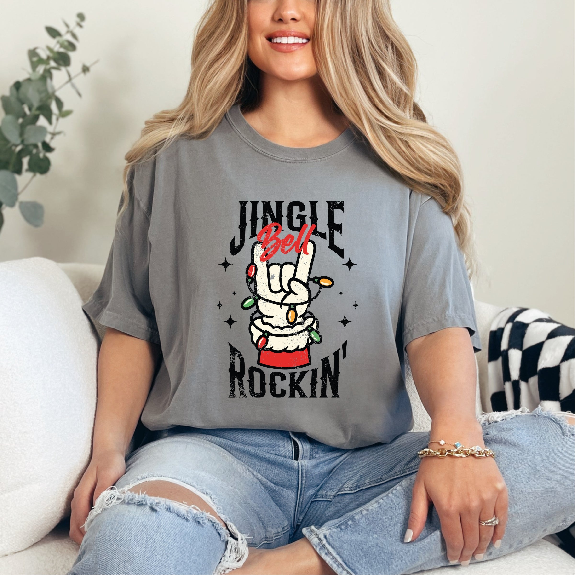 Jingle Bell Rockin' Santa Glove - Womens Garment Dyed Tee