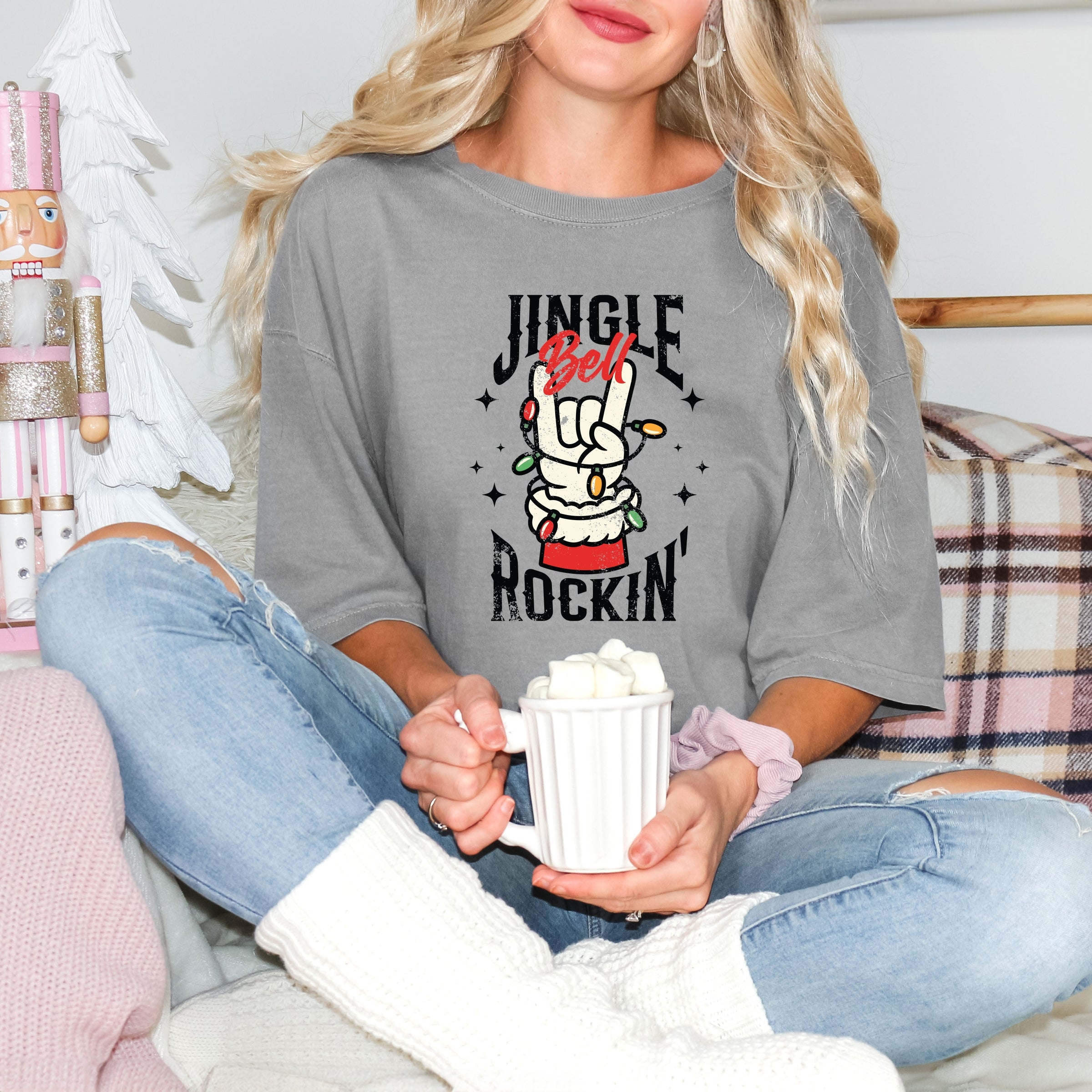 Jingle Bell Rockin' Santa Glove - Womens Garment Dyed Tee