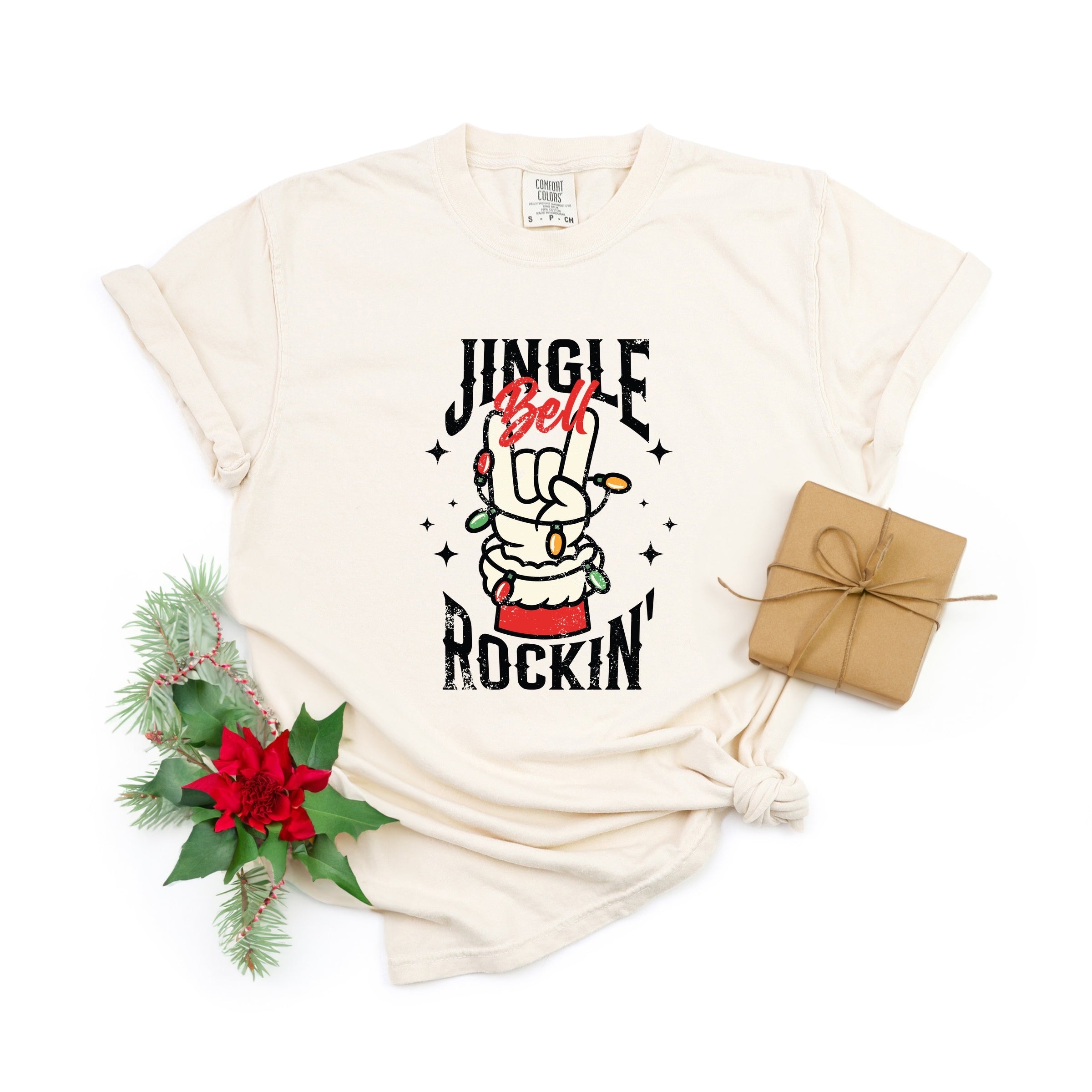 Jingle Bell Rockin' Santa Glove - Womens Garment Dyed Tee
