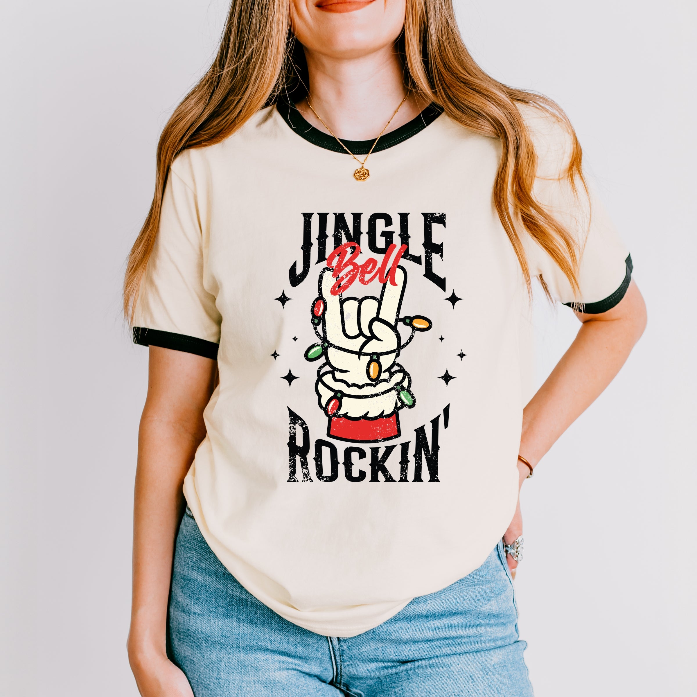 Jingle Bell Rockin' Santa Glove - Womens Ringer Tee