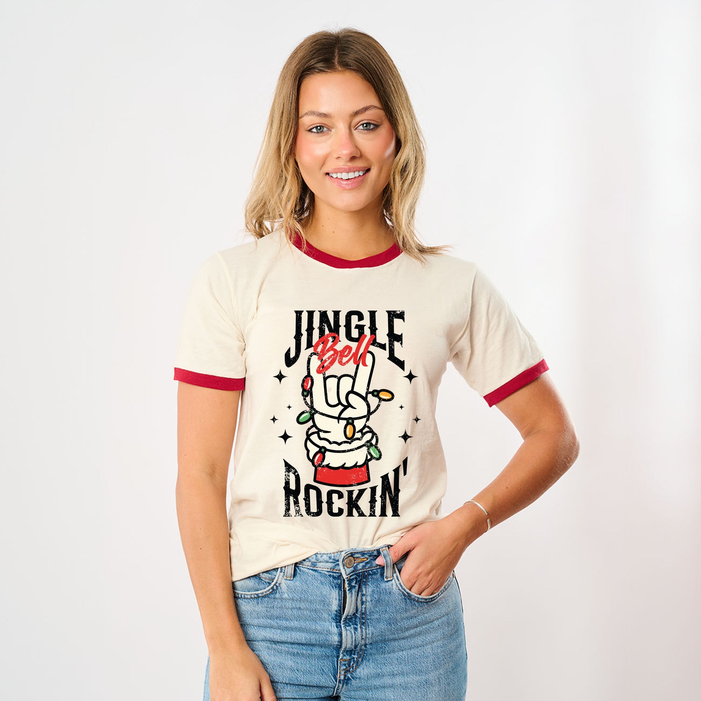 Jingle Bell Rockin' Santa Glove - Women's Ringer Tee