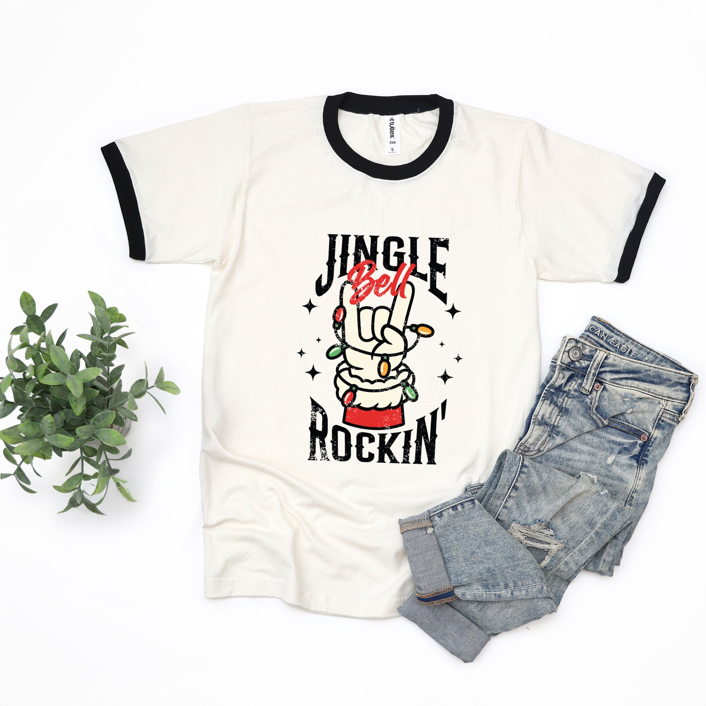 Jingle Bell Rockin' Santa Glove - Womens Ringer Tee