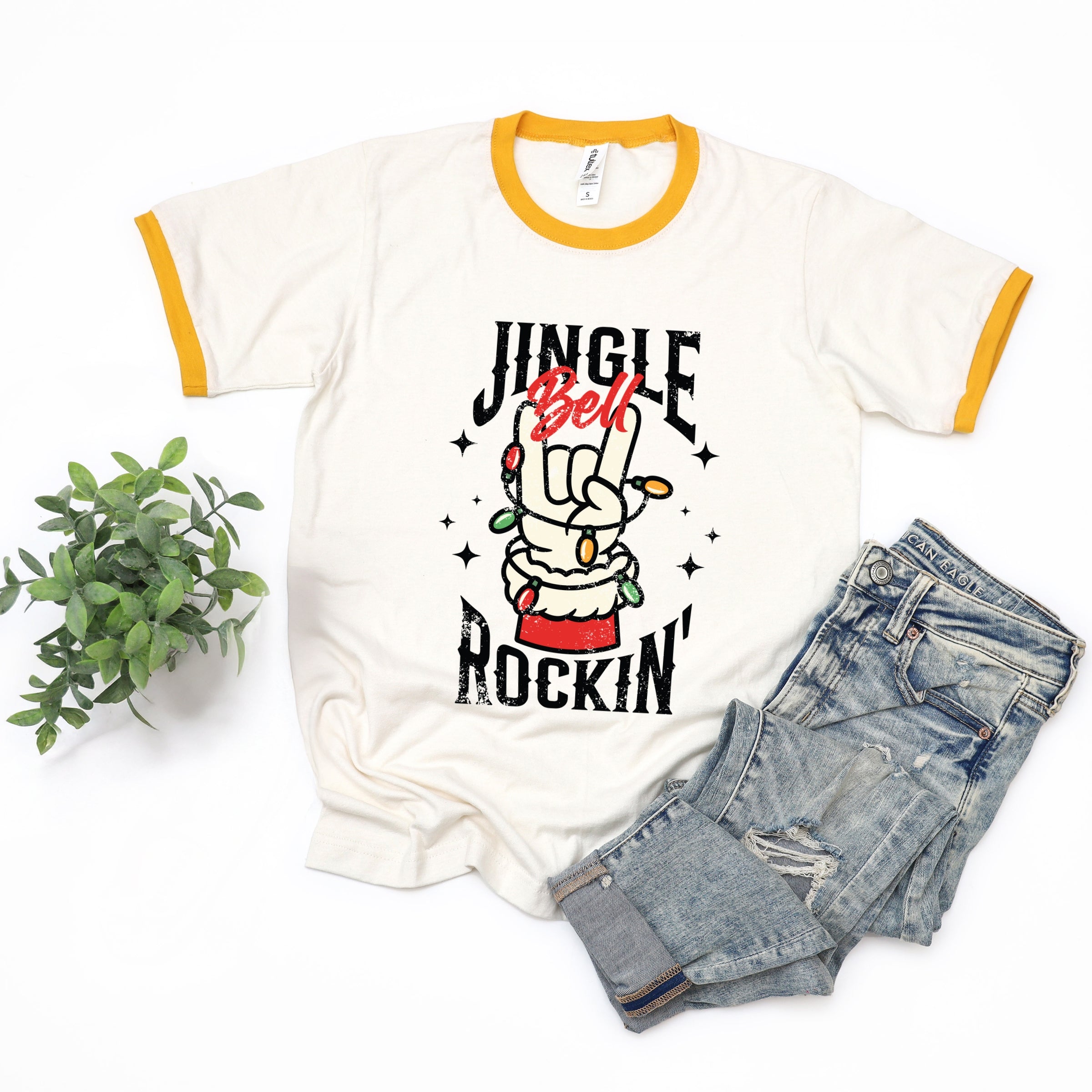 Jingle Bell Rockin' Santa Glove - Womens Ringer Tee