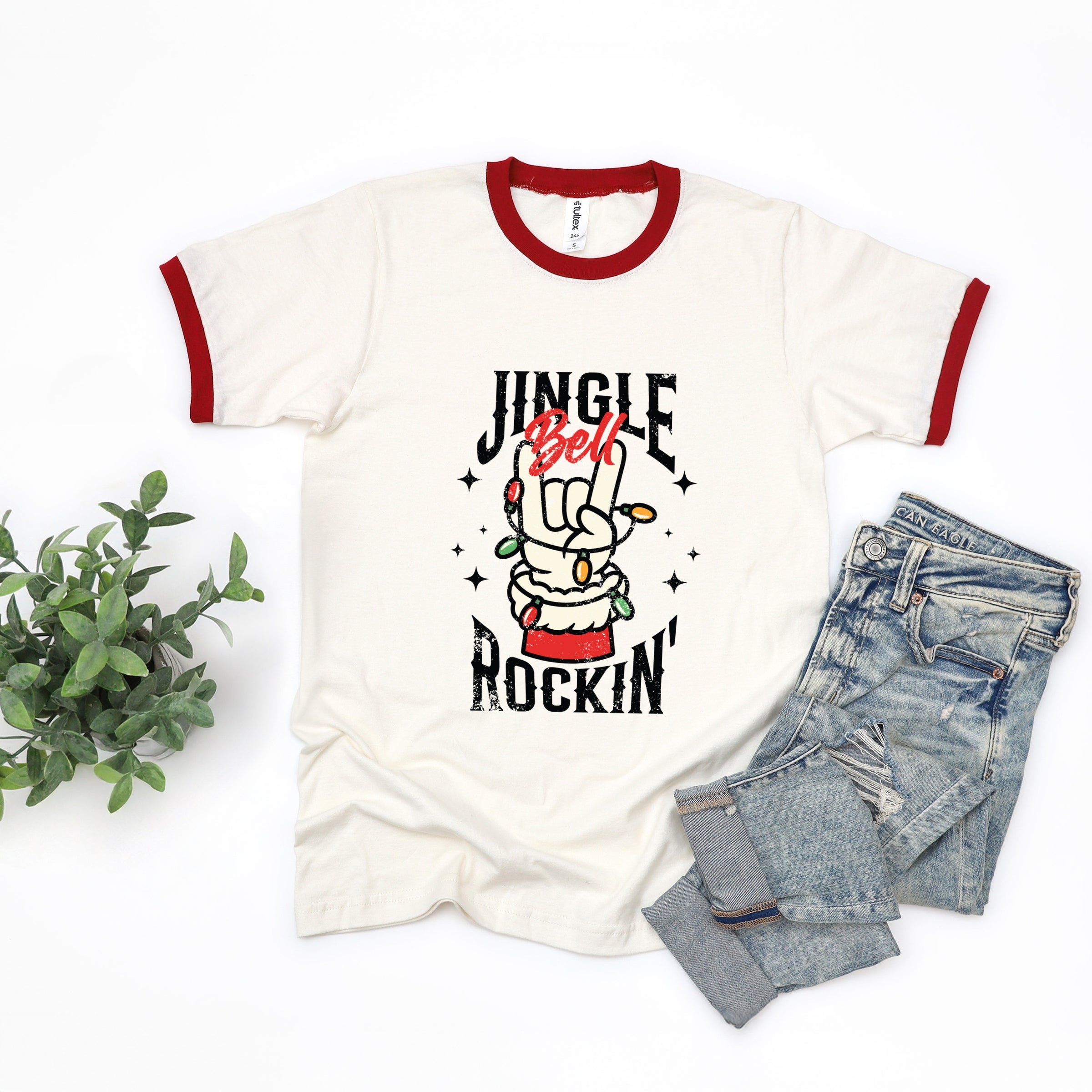 Jingle Bell Rockin' Santa Glove - Womens Ringer Tee