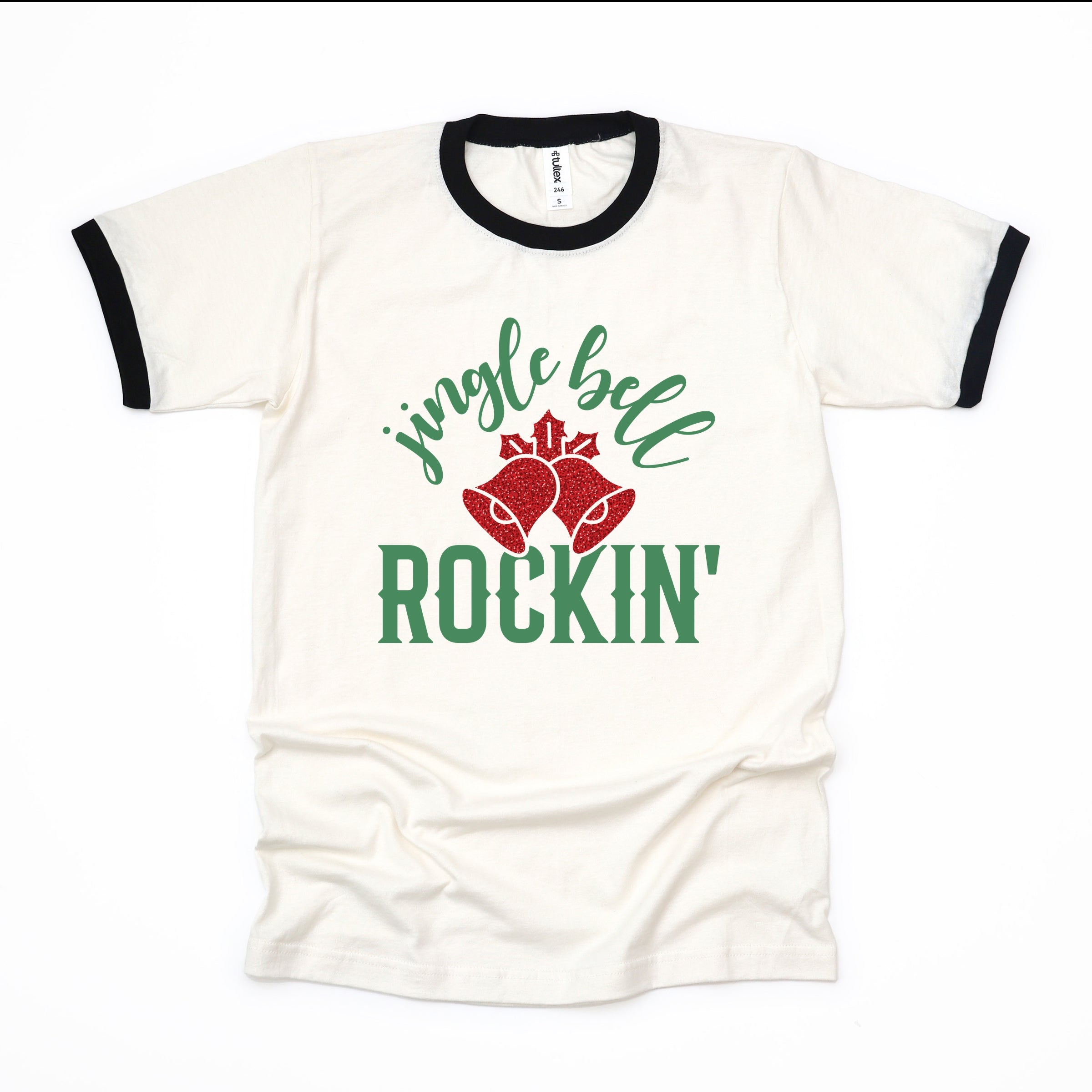 Jingle Bell Rockin' Bell Glitter - Womens Ringer Tee