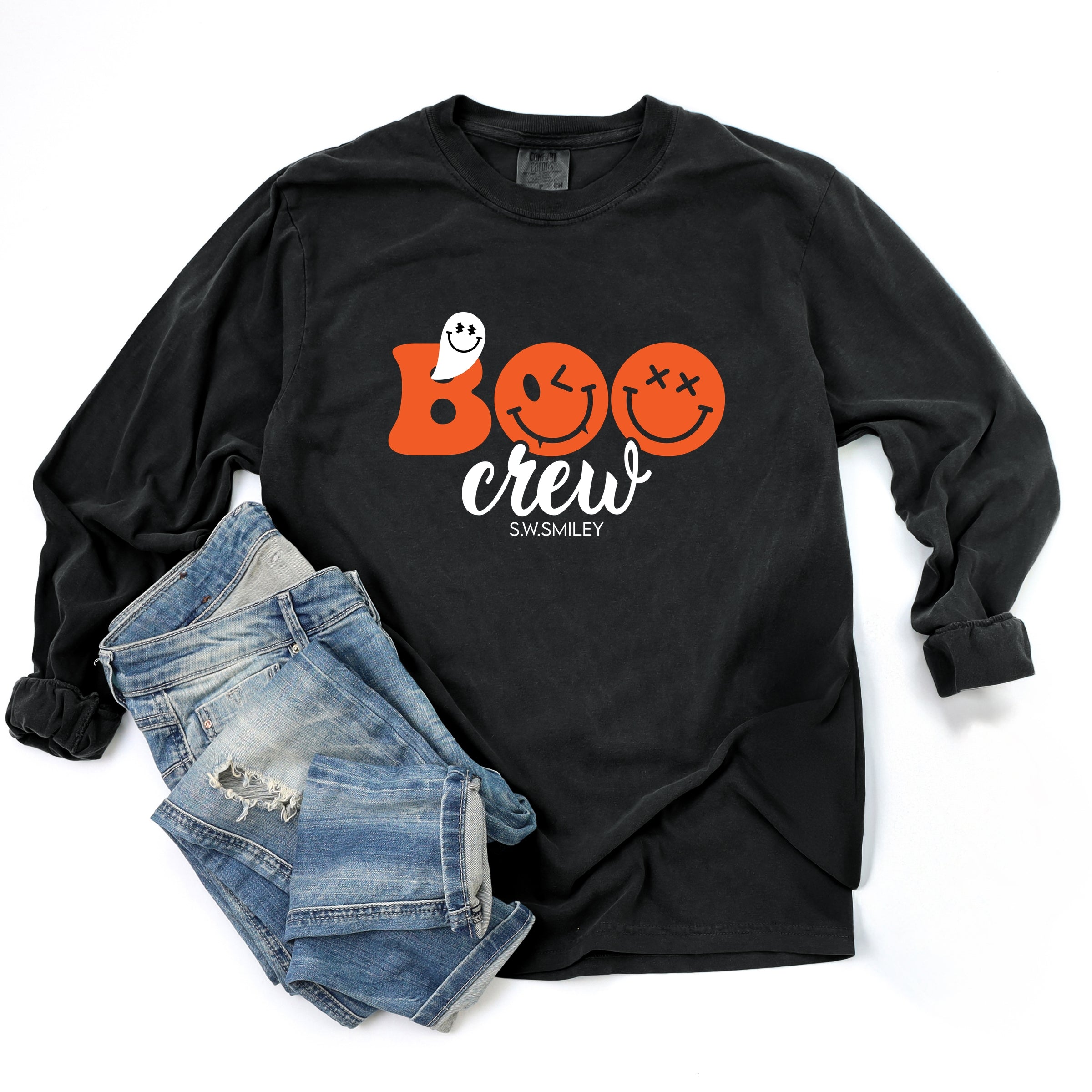 S.W.Smiley Boo Crew - Women's Garment Dyed Long Sleeve Graphic T-Shirt