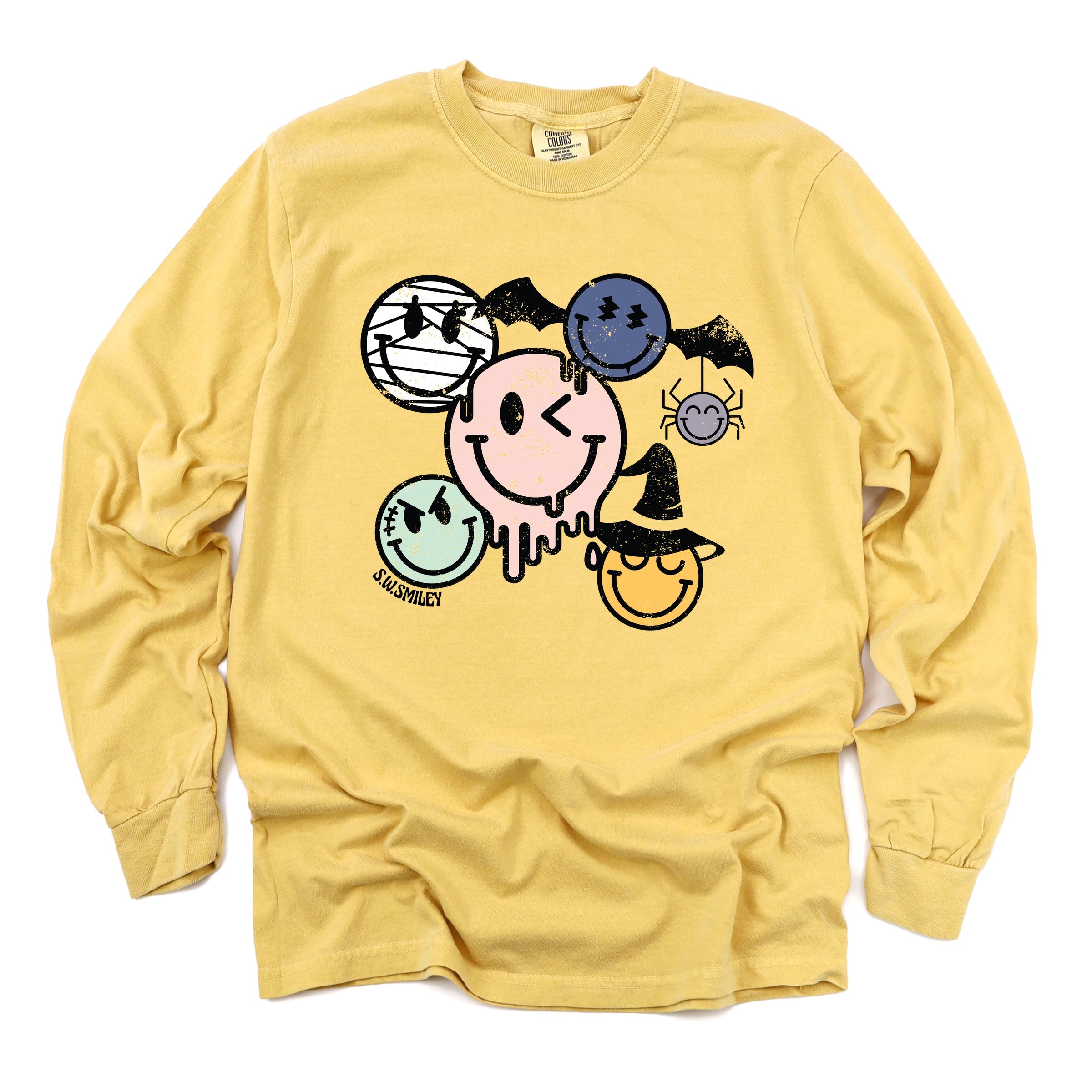 S.W.Smiley Halloween Smileys - Women's Garment Dyed Long Sleeve Graphic T-Shirt