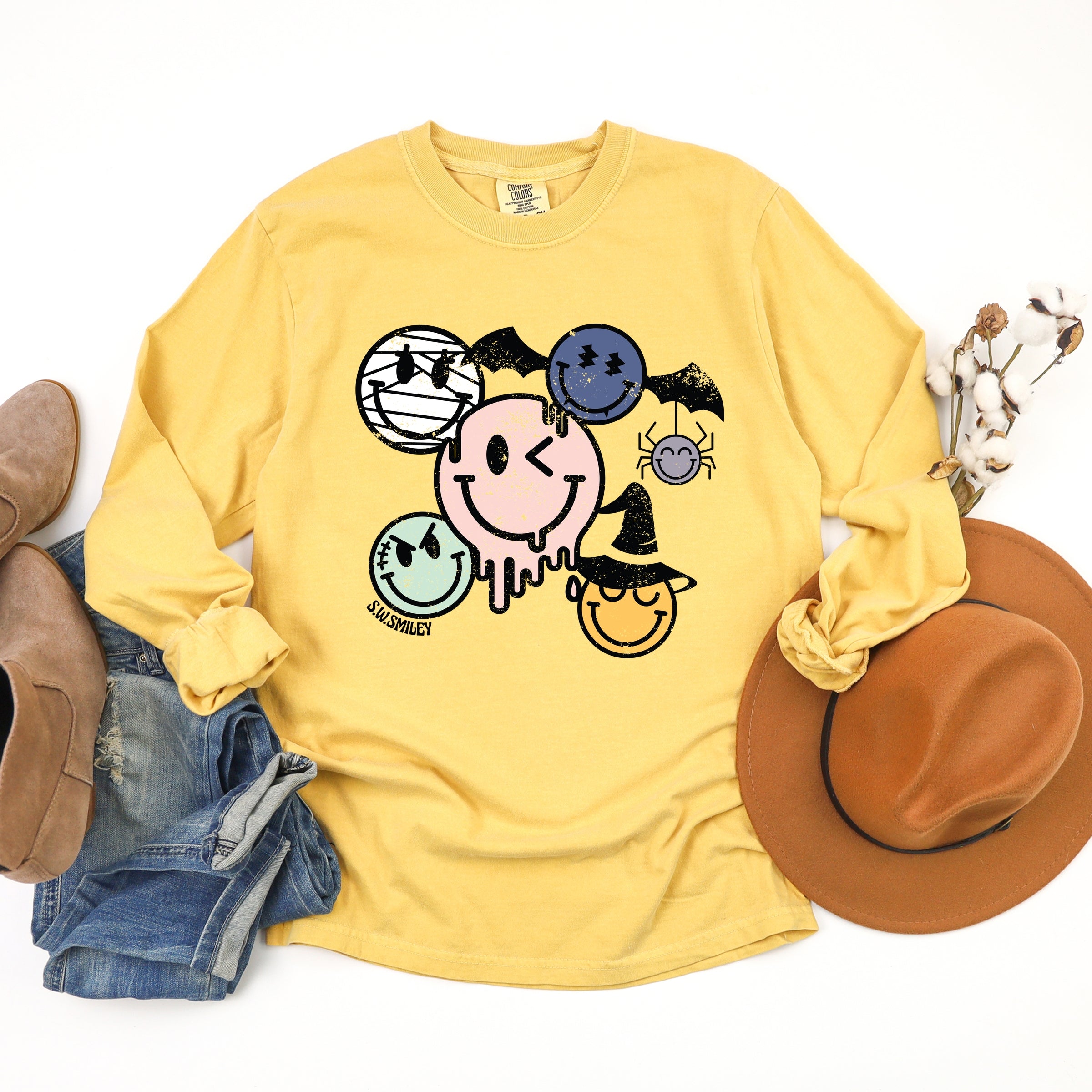 S.W.Smiley Halloween Smileys - Women's Garment Dyed Long Sleeve Graphic T-Shirt