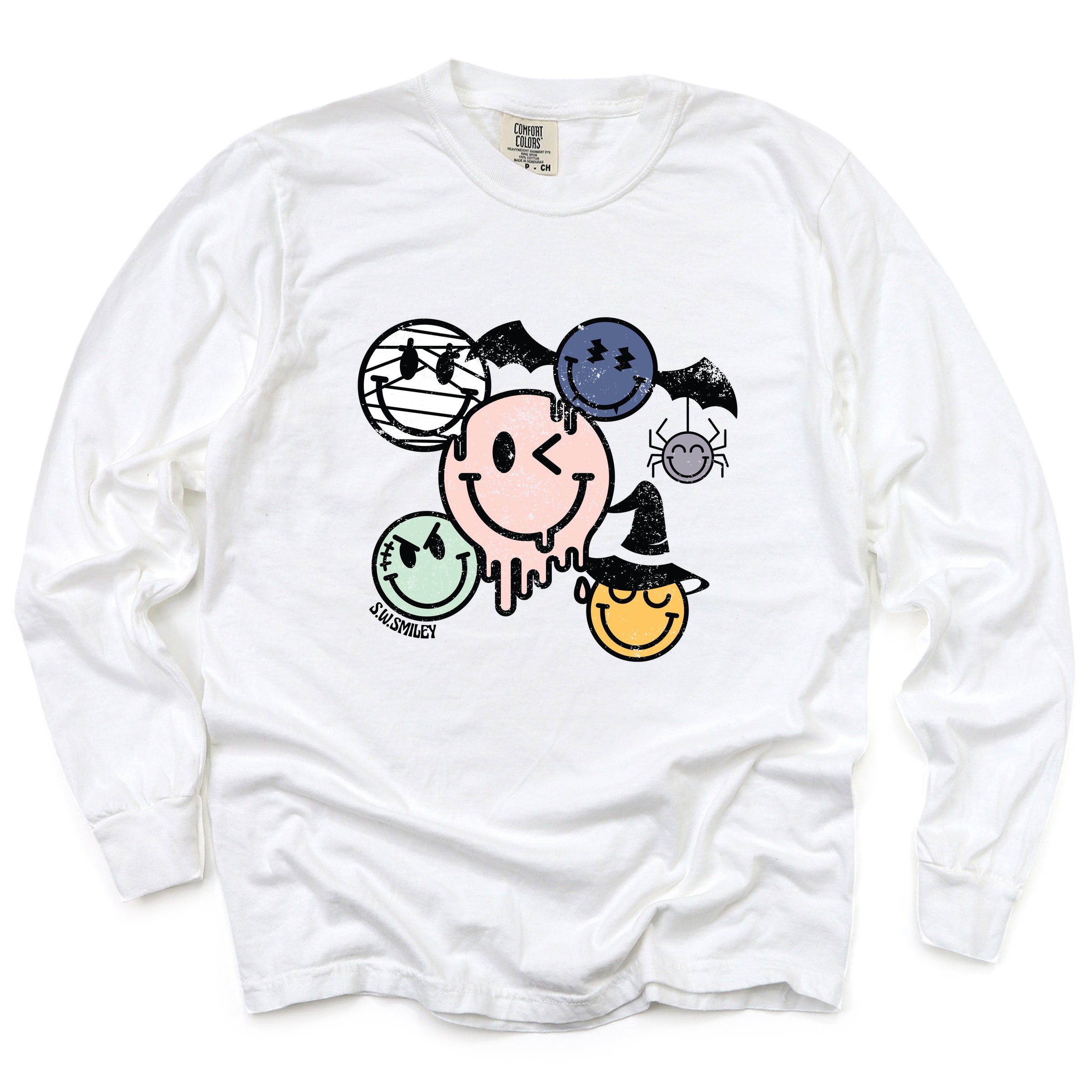S.W.Smiley Halloween Smileys - Women's Garment Dyed Long Sleeve Graphic T-Shirt