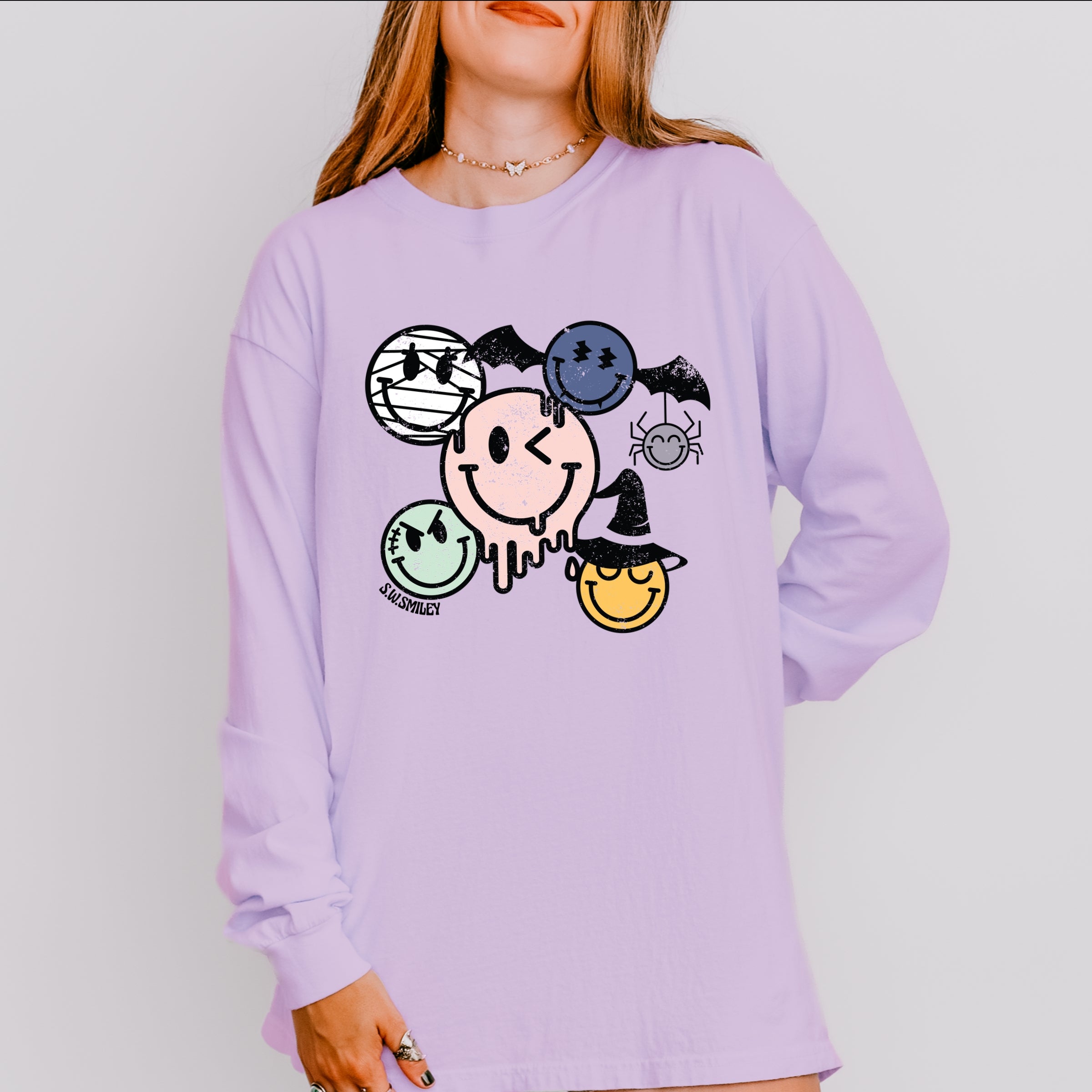 S.W.Smiley Halloween Smileys - Women's Garment Dyed Long Sleeve Graphic T-Shirt