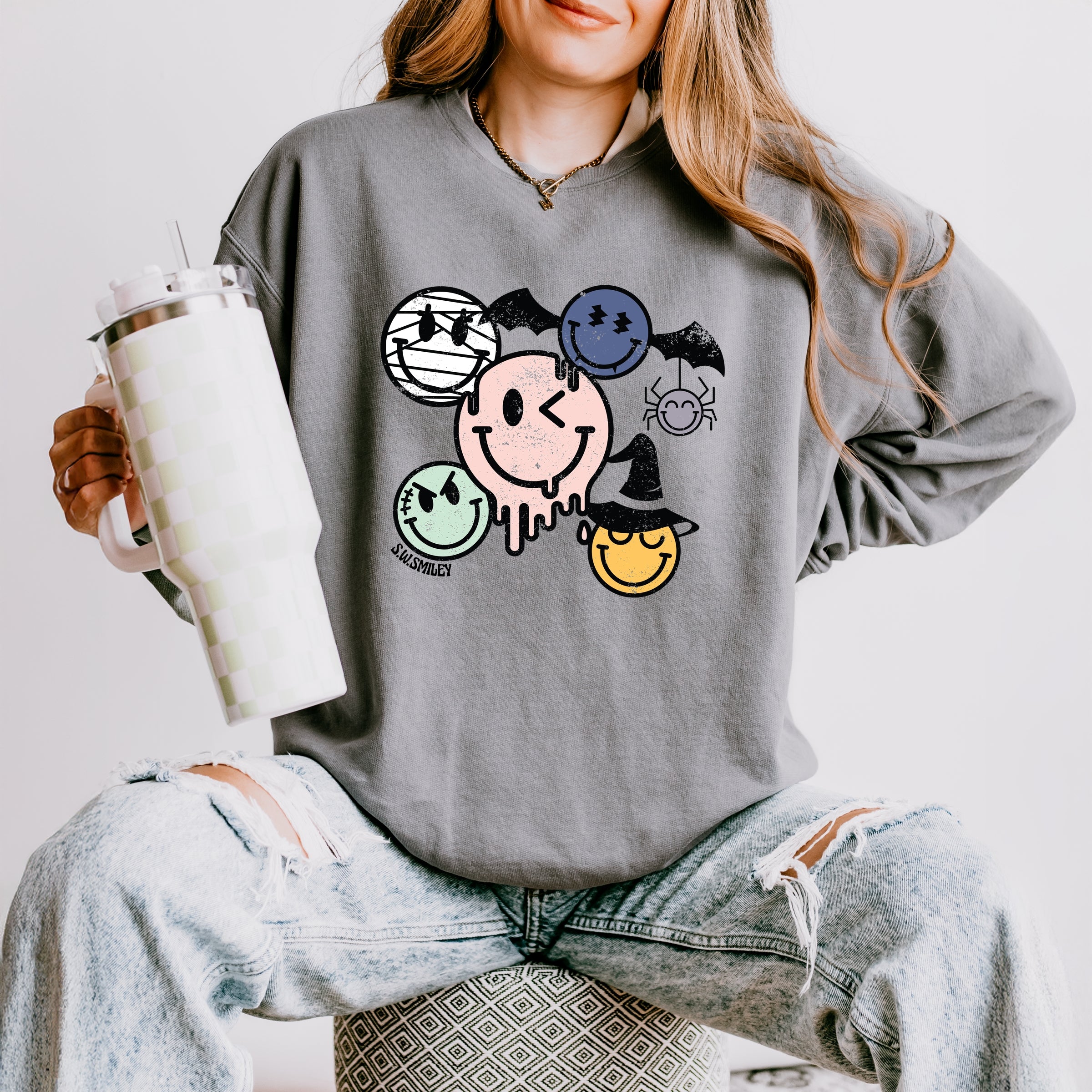 S.W.Smiley Halloween Smileys - Women's Lightweight Garment Dyed Sweatshirt
