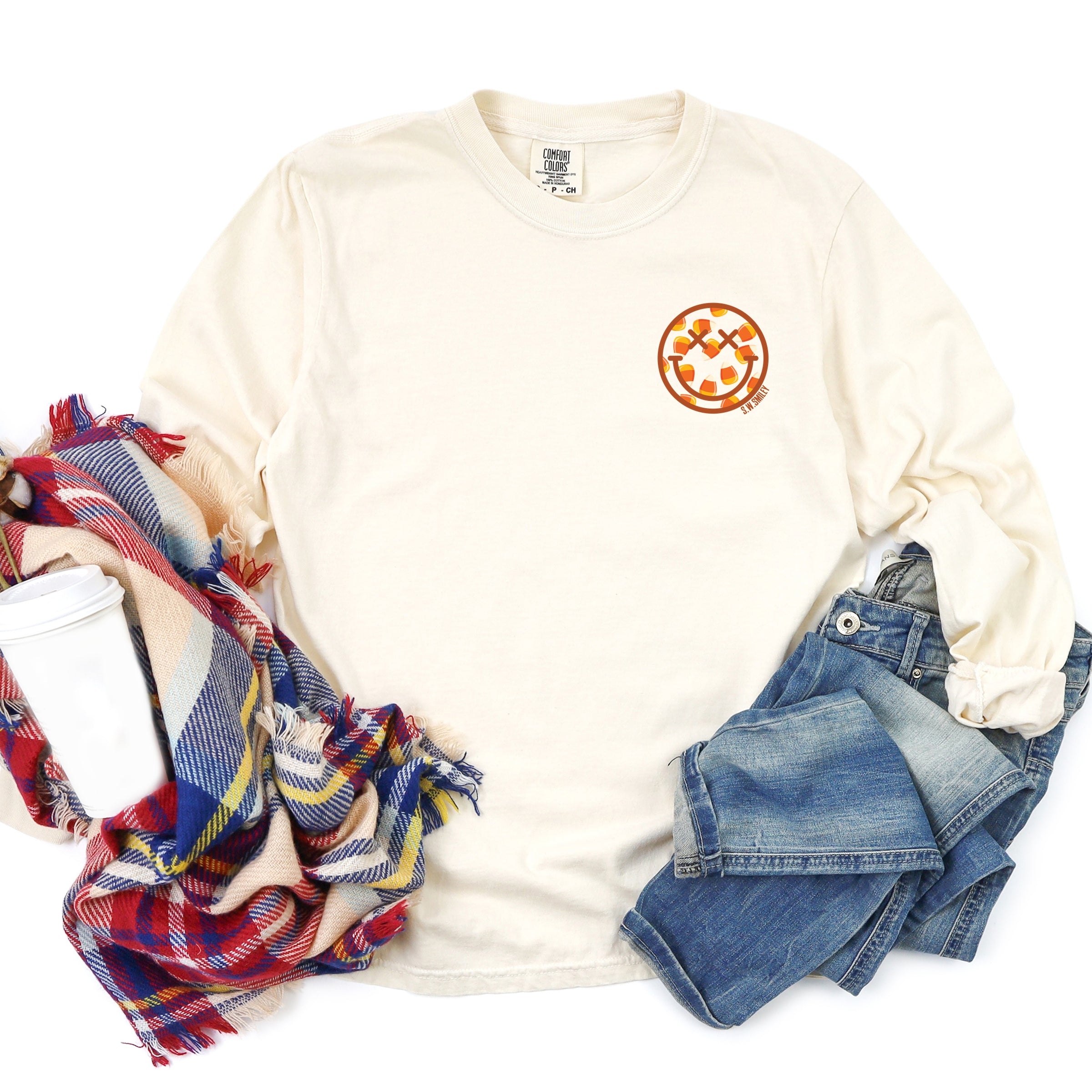 S.W.Smiley Candy Corn Smile - Women's Garment Dyed Long Sleeve Graphic T-Shirt