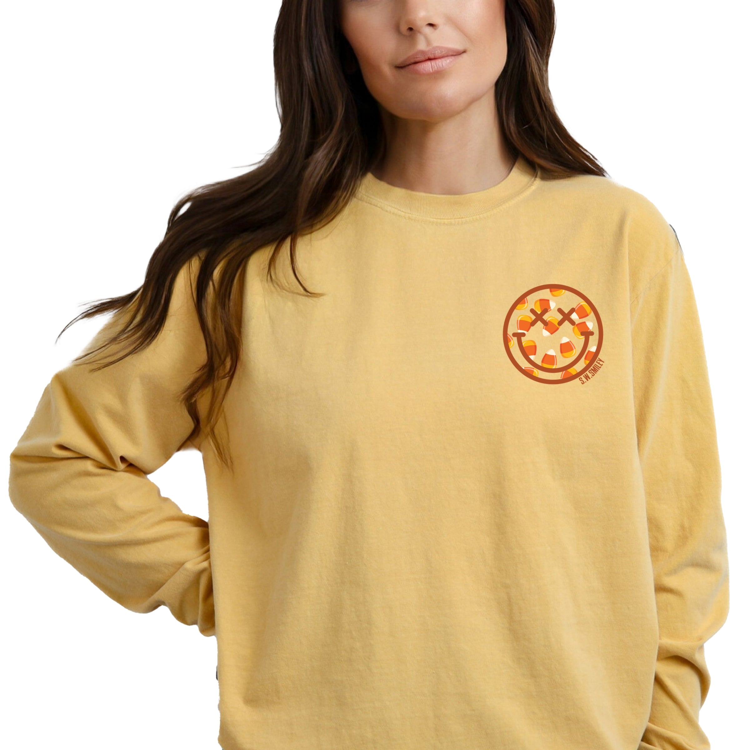 S.W.Smiley Candy Corn Smile - Women's Garment Dyed Long Sleeve Graphic T-Shirt