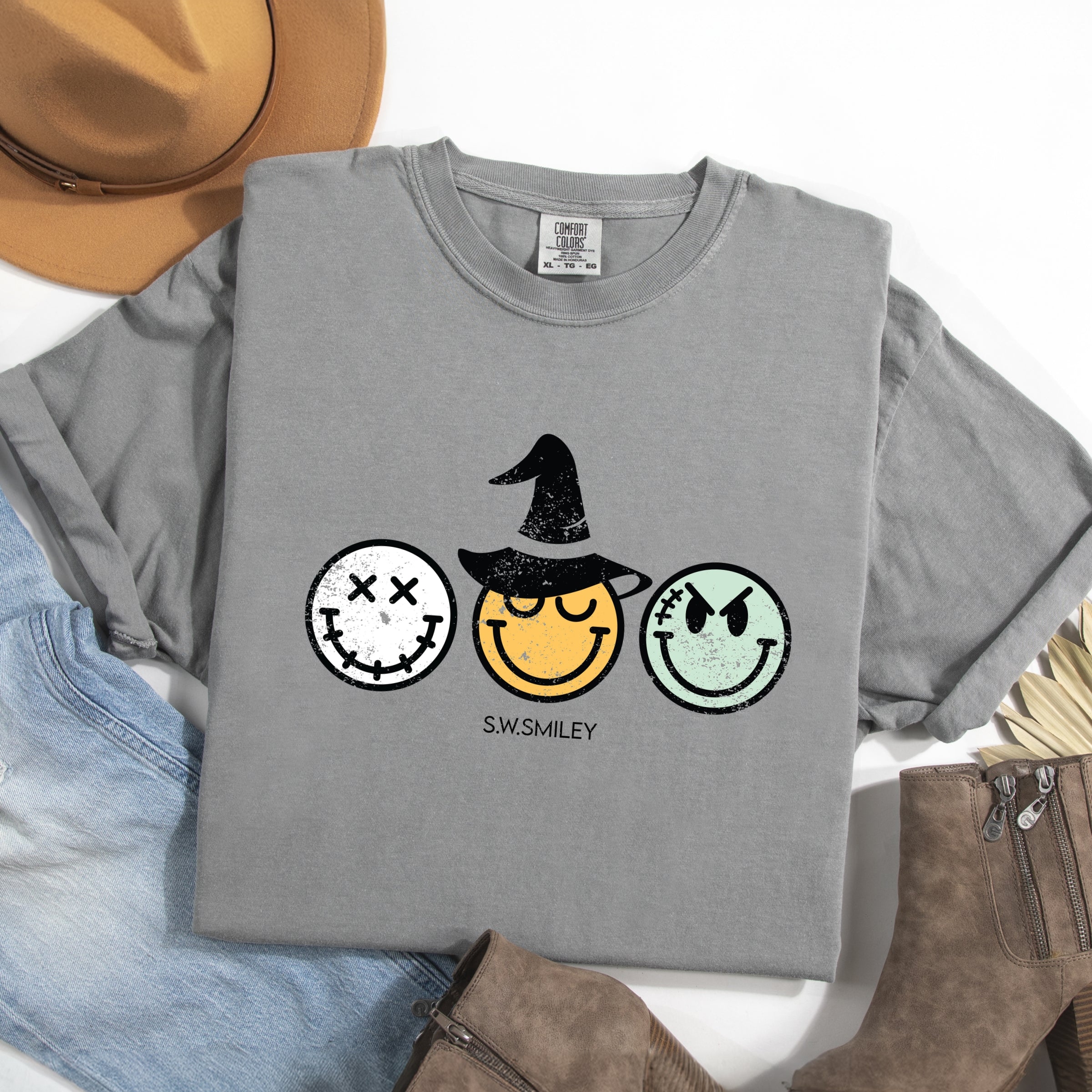 S.W.Smiley Skeleton Witchy Monster - Women's Garment Dyed Graphic T-Shirt