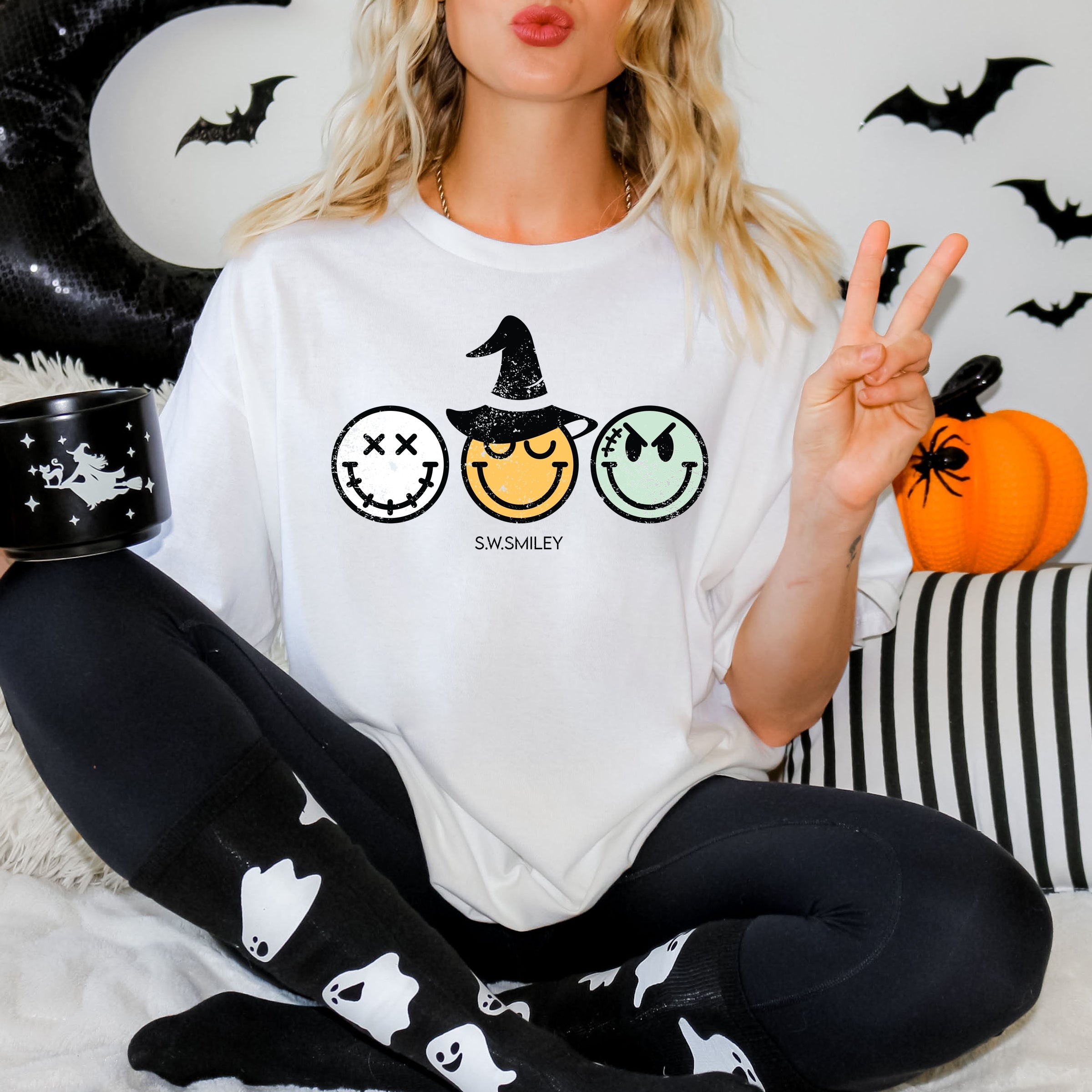 S.W.Smiley Skeleton Witchy Monster - Women's Garment Dyed Graphic T-Shirt