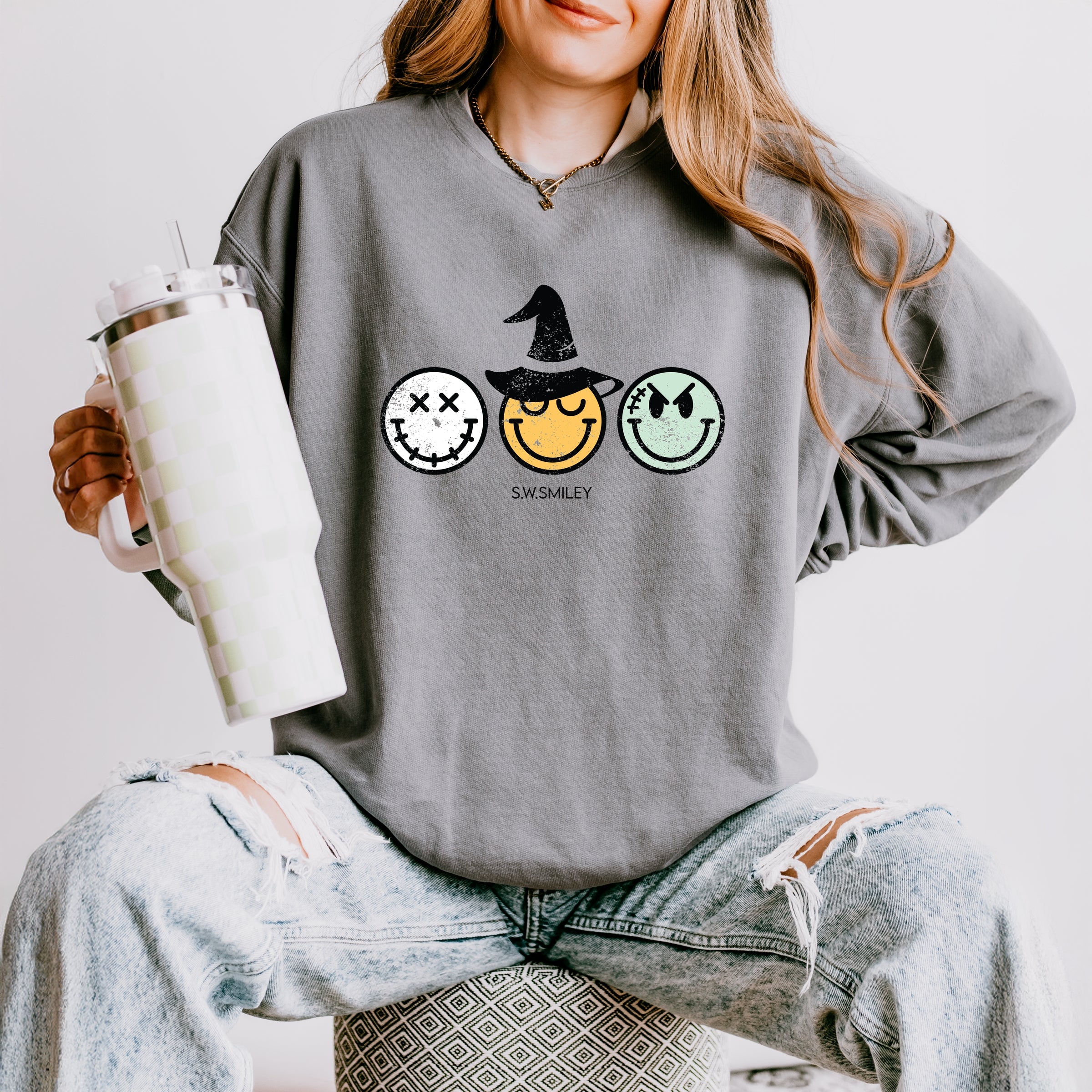 S.W.Smiley Skeleton Witchy Monster - Women's Lightweight Garment Dyed Sweatshirt