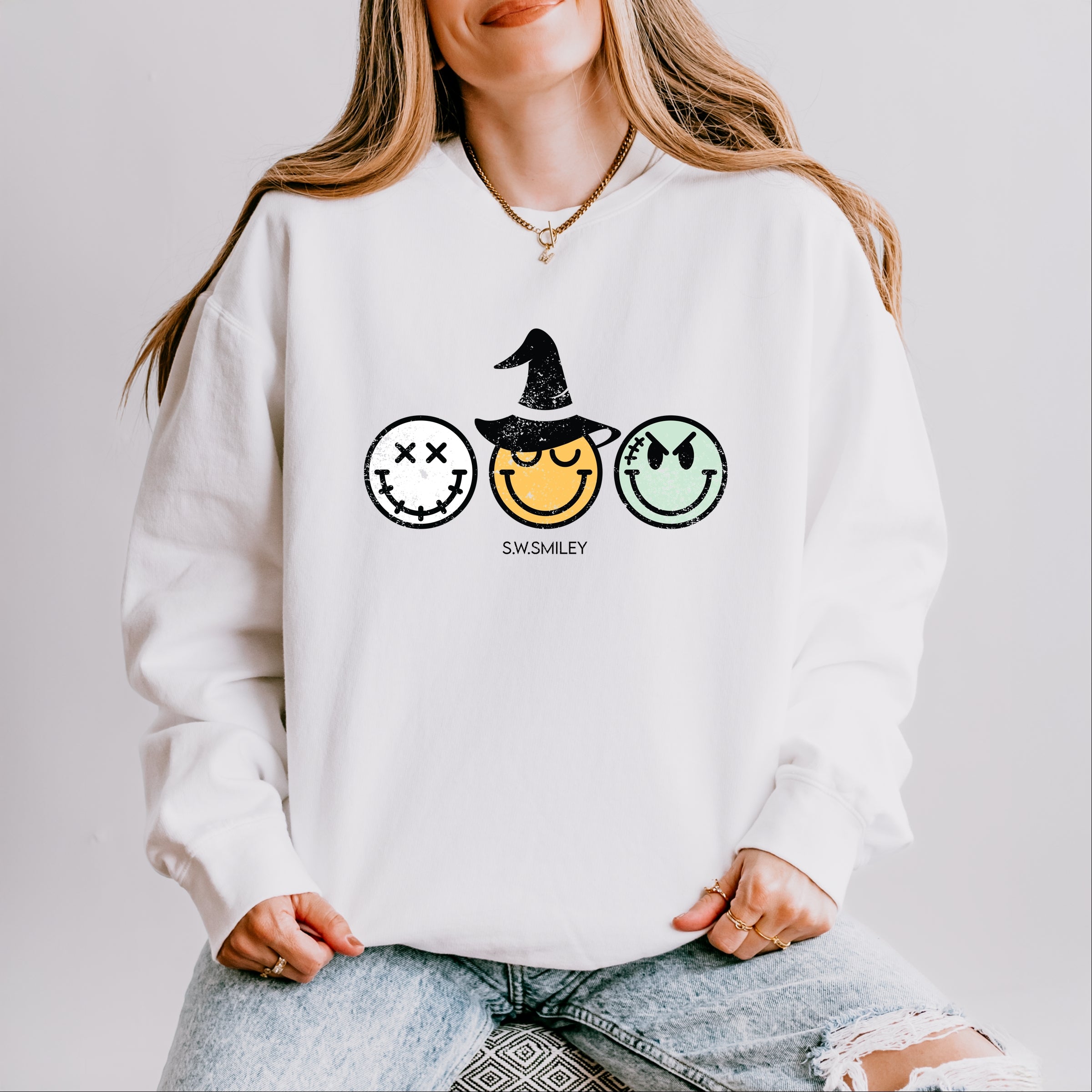 S.W.Smiley Skeleton Witchy Monster - Women's Lightweight Garment Dyed Sweatshirt