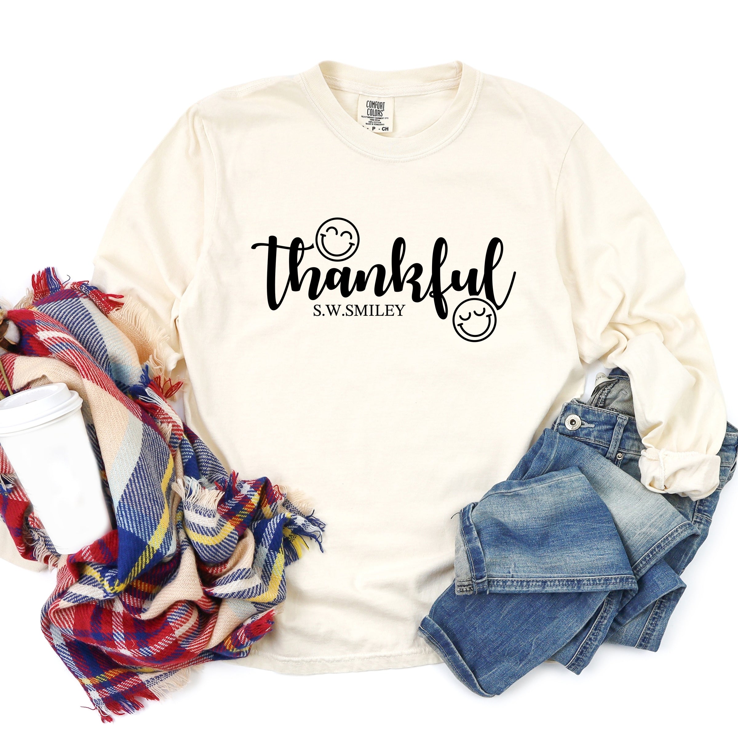 S.W.Smiley Thankful Cursive - Women's Garment Dyed Long Sleeve Graphic T-Shirt