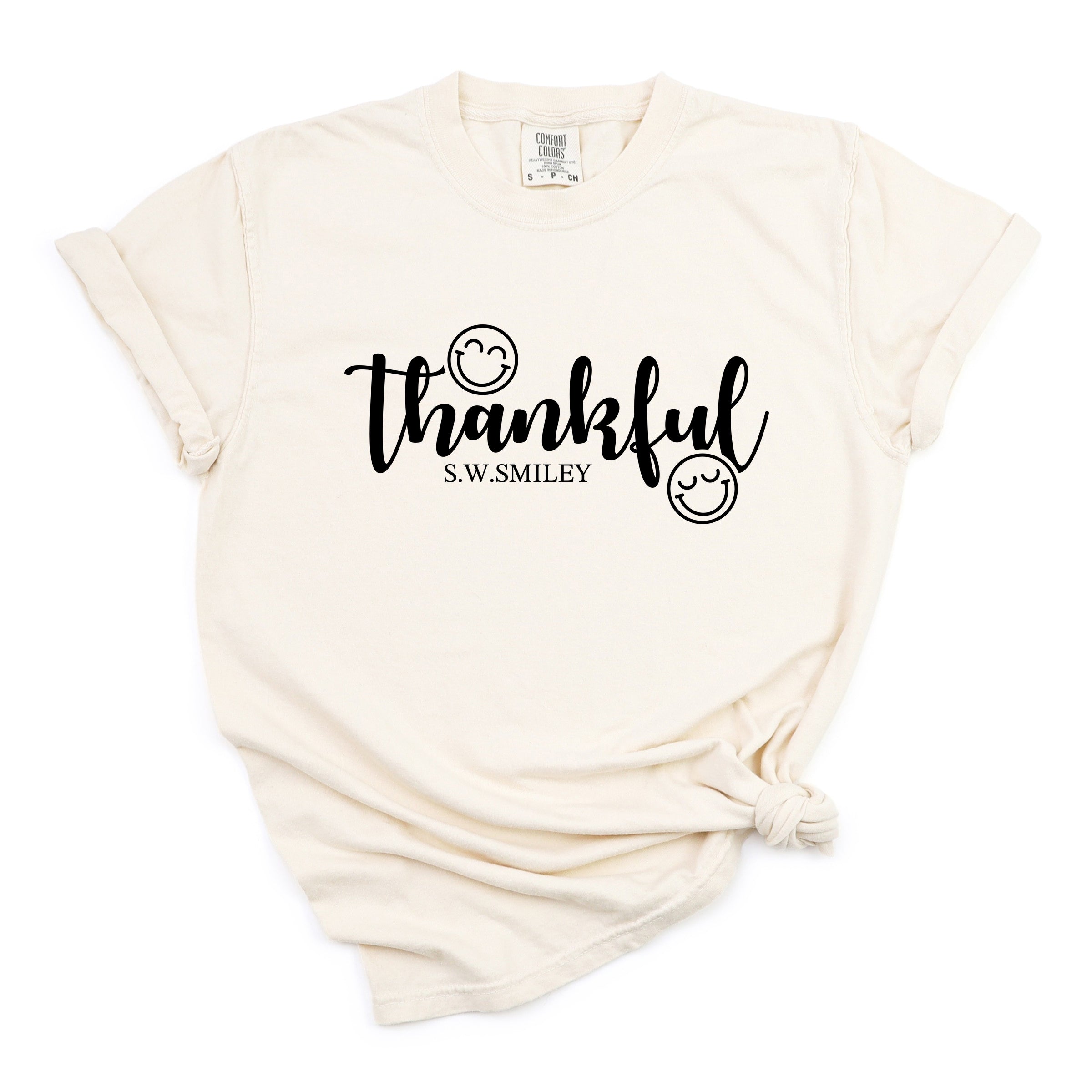 S.W.Smiley Thankful Cursive - Women's Garment Dyed Graphic T-Shirt