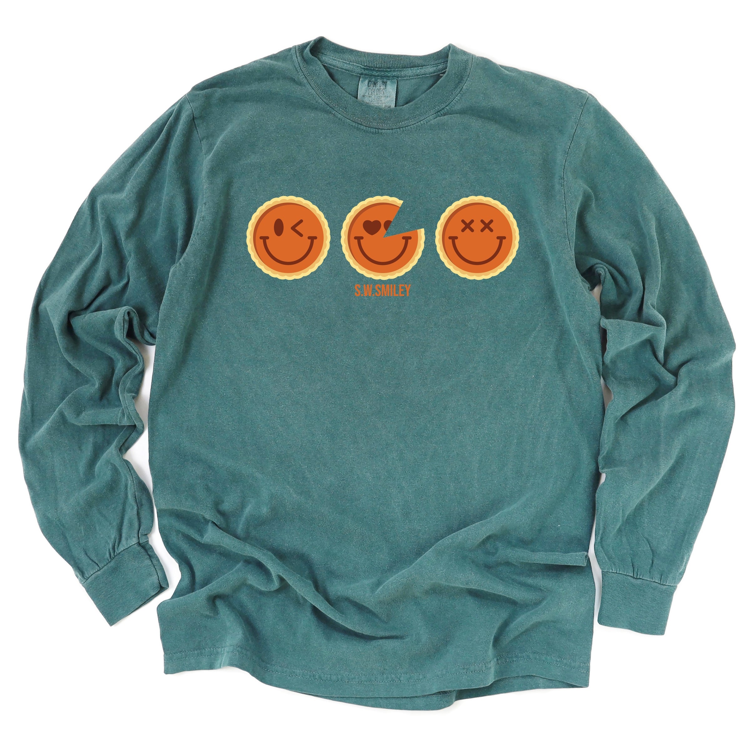 S.W.Smiley Pumpkin Pies - Women's Garment Dyed Long Sleeve Graphic T-Shirt