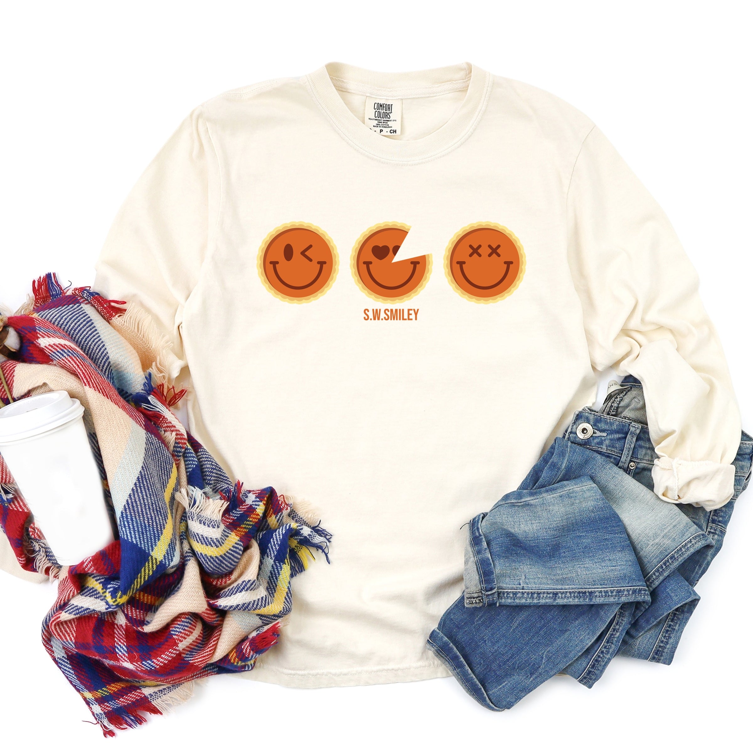 S.W.Smiley Pumpkin Pies - Women's Garment Dyed Long Sleeve Graphic T-Shirt