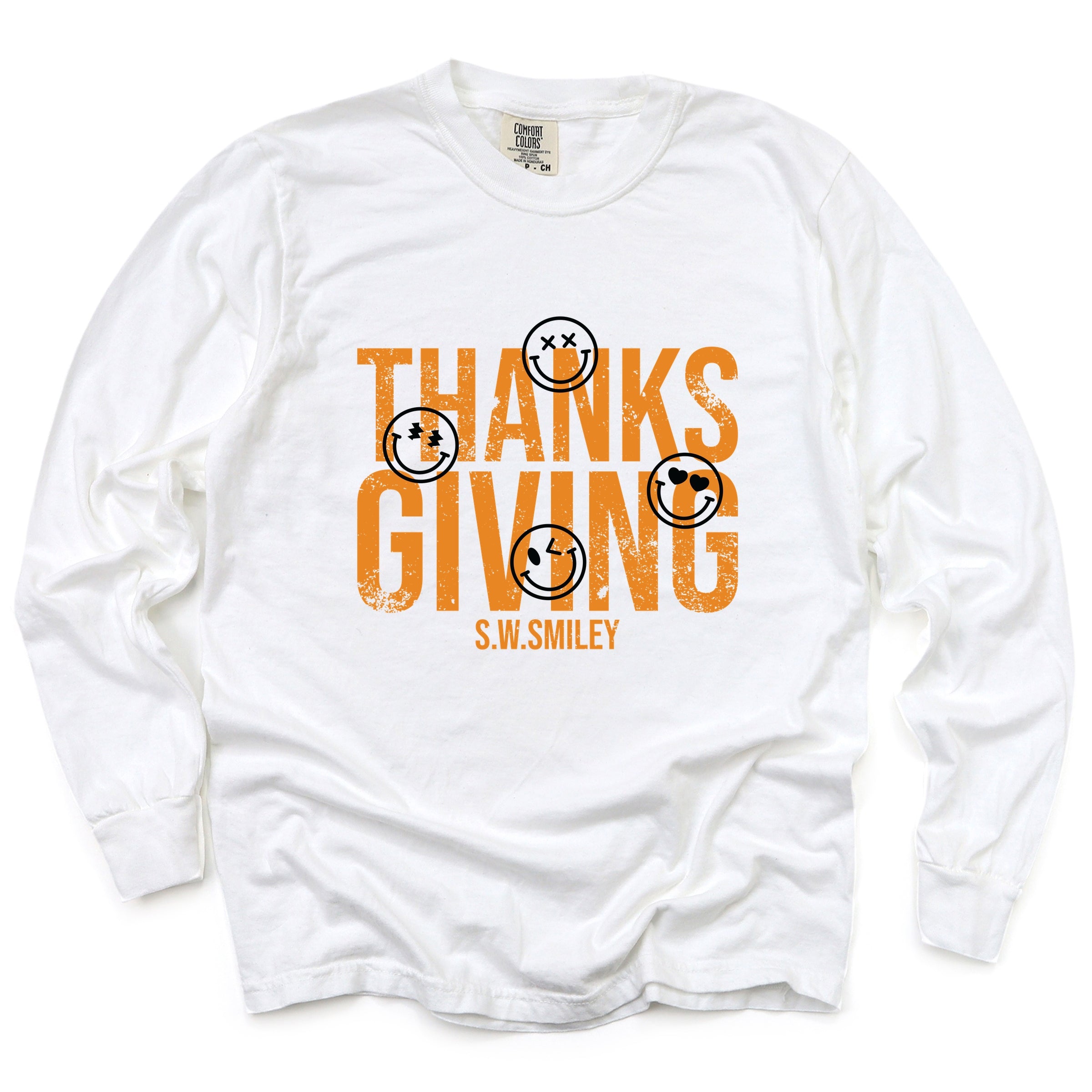 S.W.Smiley Thanksgiving Distressed - Women's Garment Dyed Long Sleeve Graphic T-Shirt
