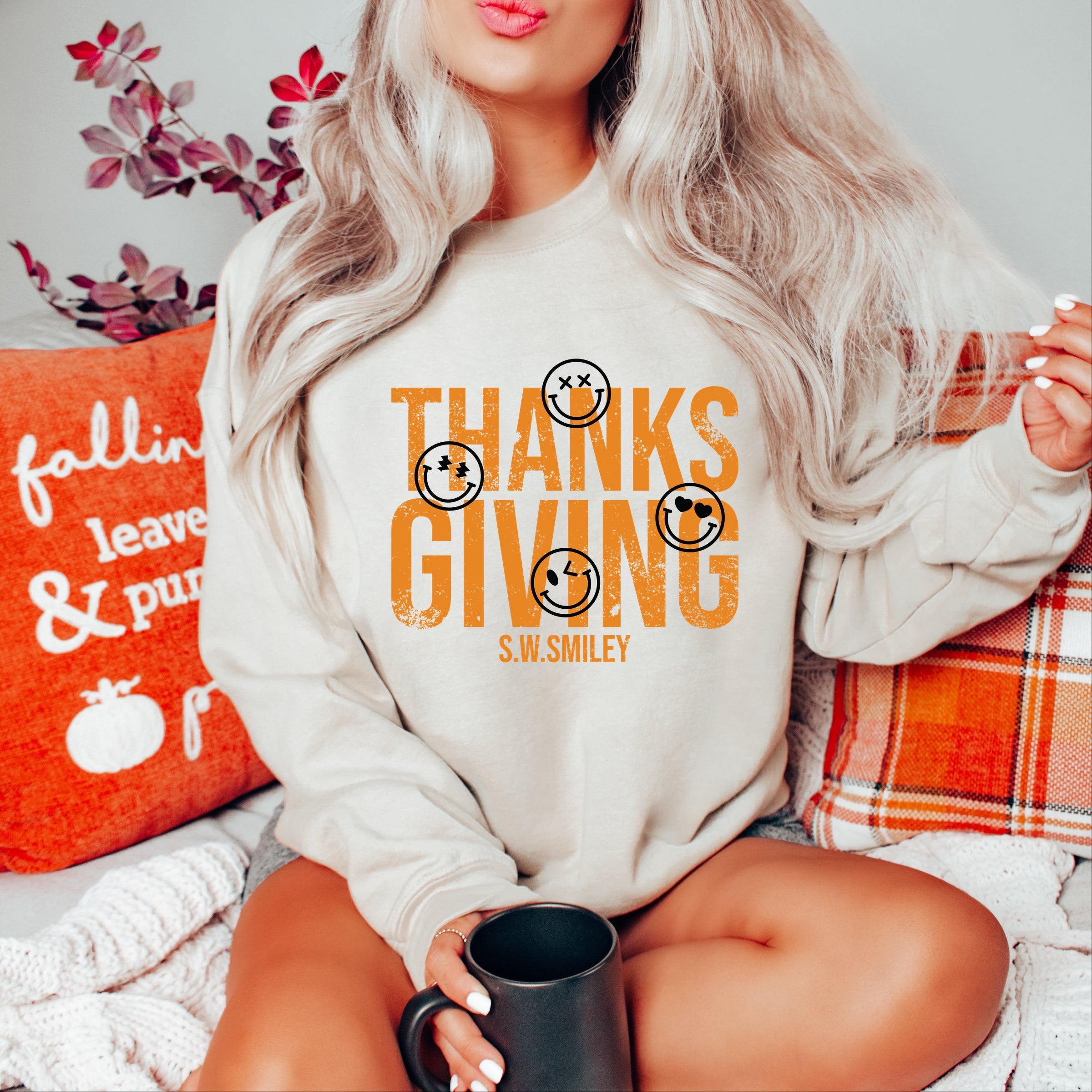 S.W.Smiley Thanksgiving Distressed - Women's Graphic Sweatshirt