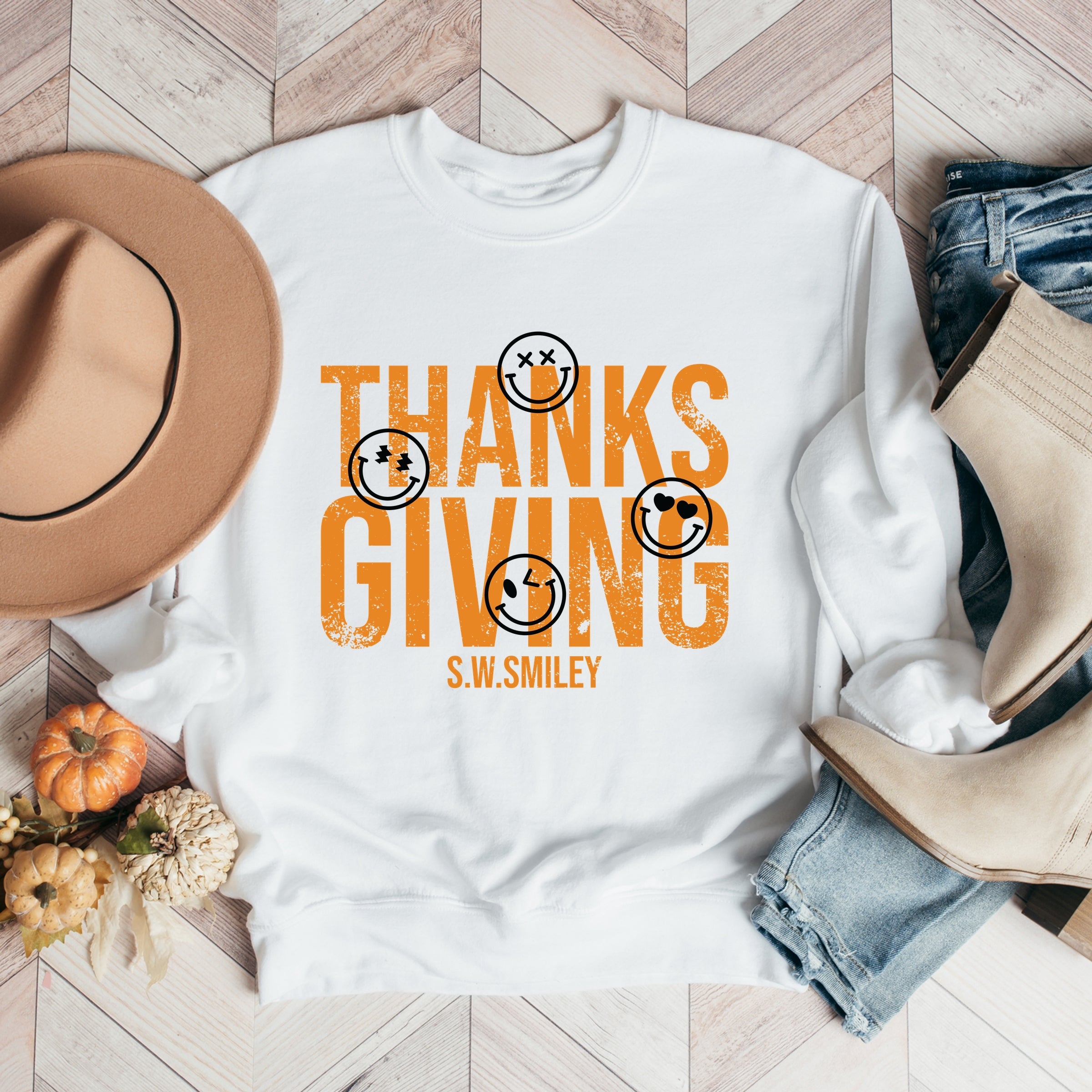 S.W.Smiley Thanksgiving Distressed - Women's Graphic Sweatshirt