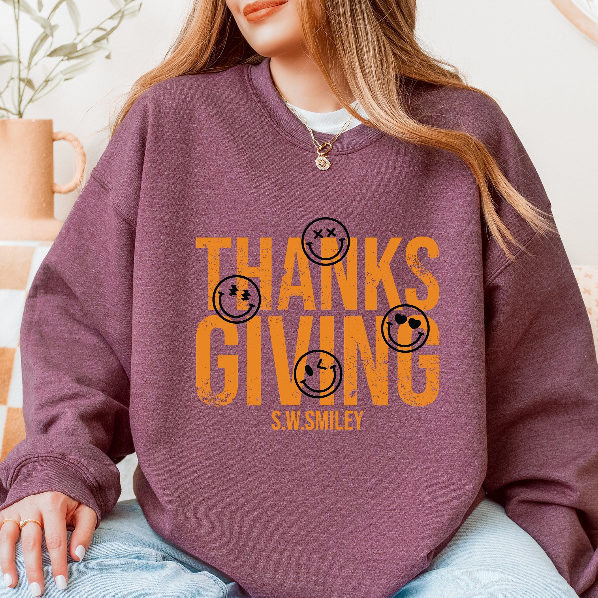 S.W.Smiley Thanksgiving Distressed - Women's Graphic Sweatshirt