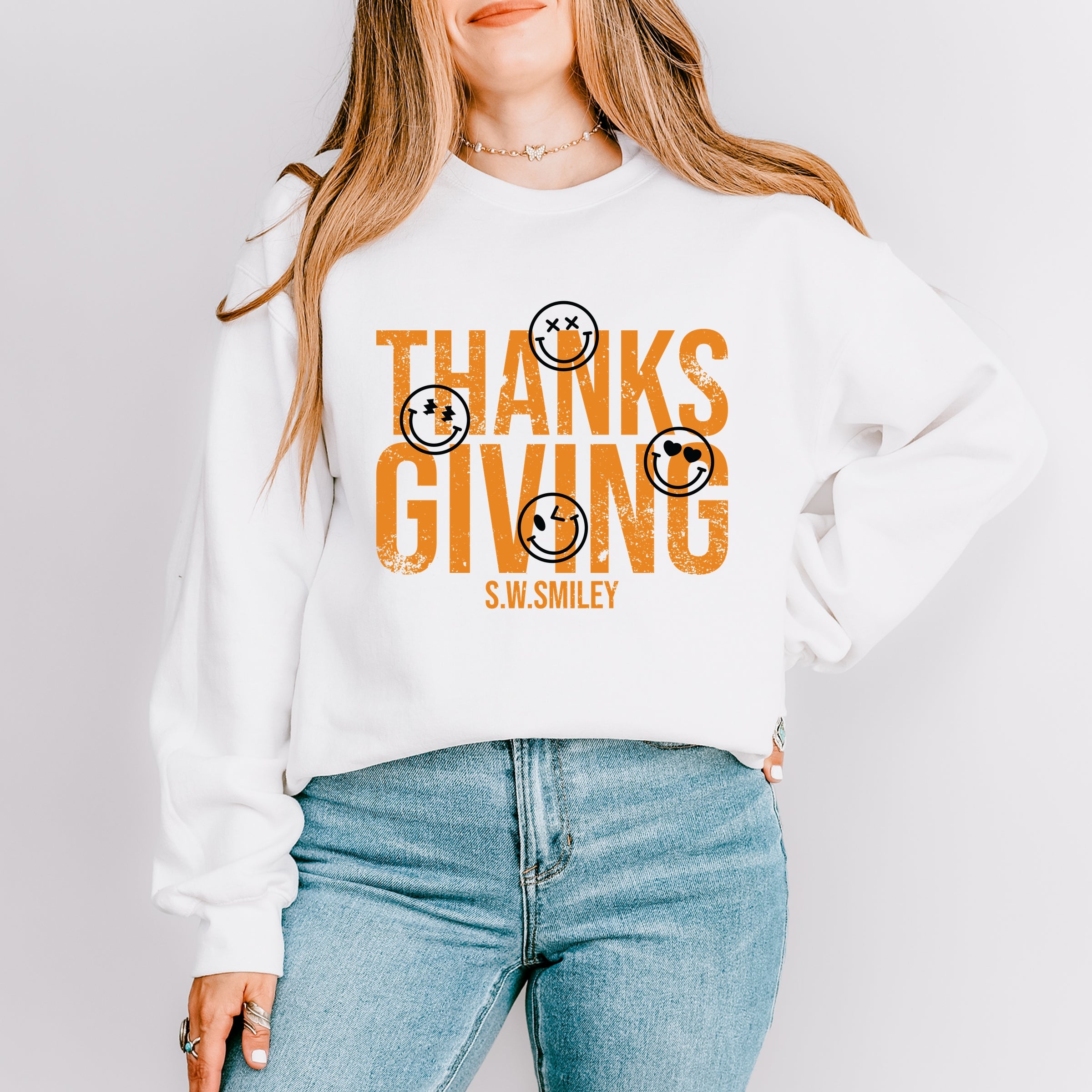S.W.Smiley Thanksgiving Distressed - Women's Graphic Sweatshirt