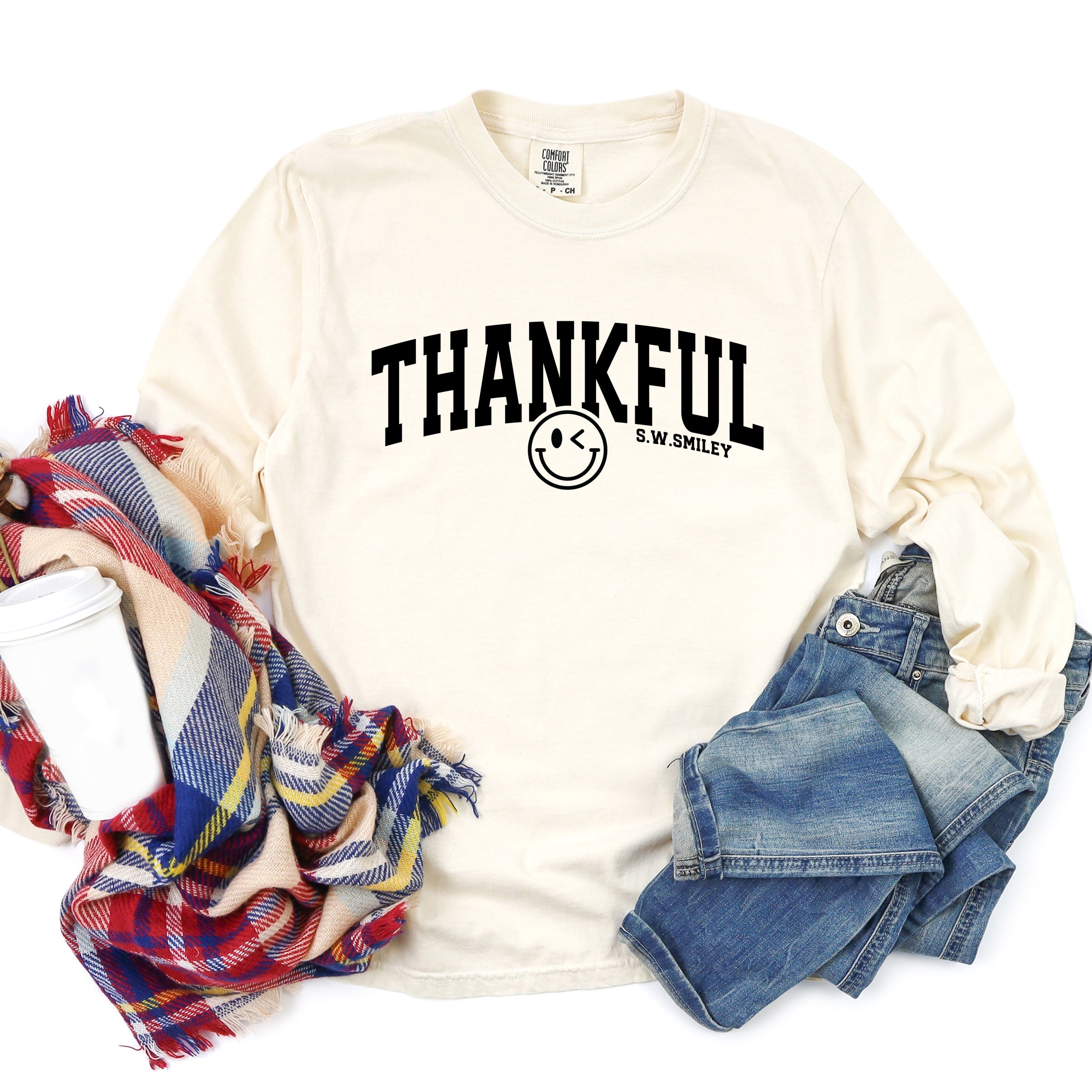 S.W.Smiley Thankful Varsity Arched - Women's Garment Dyed Long Sleeve Graphic T-Shirt