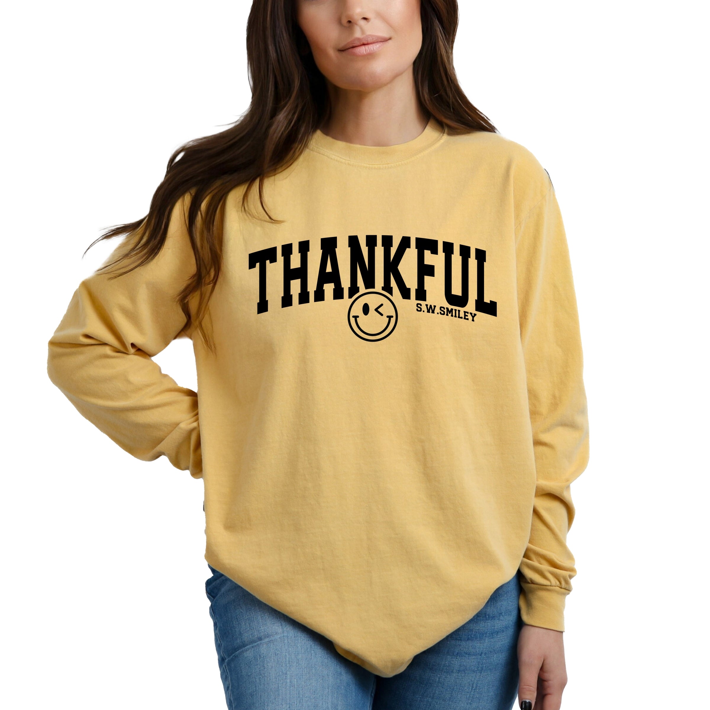 S.W.Smiley Thankful Varsity Arched - Women's Garment Dyed Long Sleeve Graphic T-Shirt
