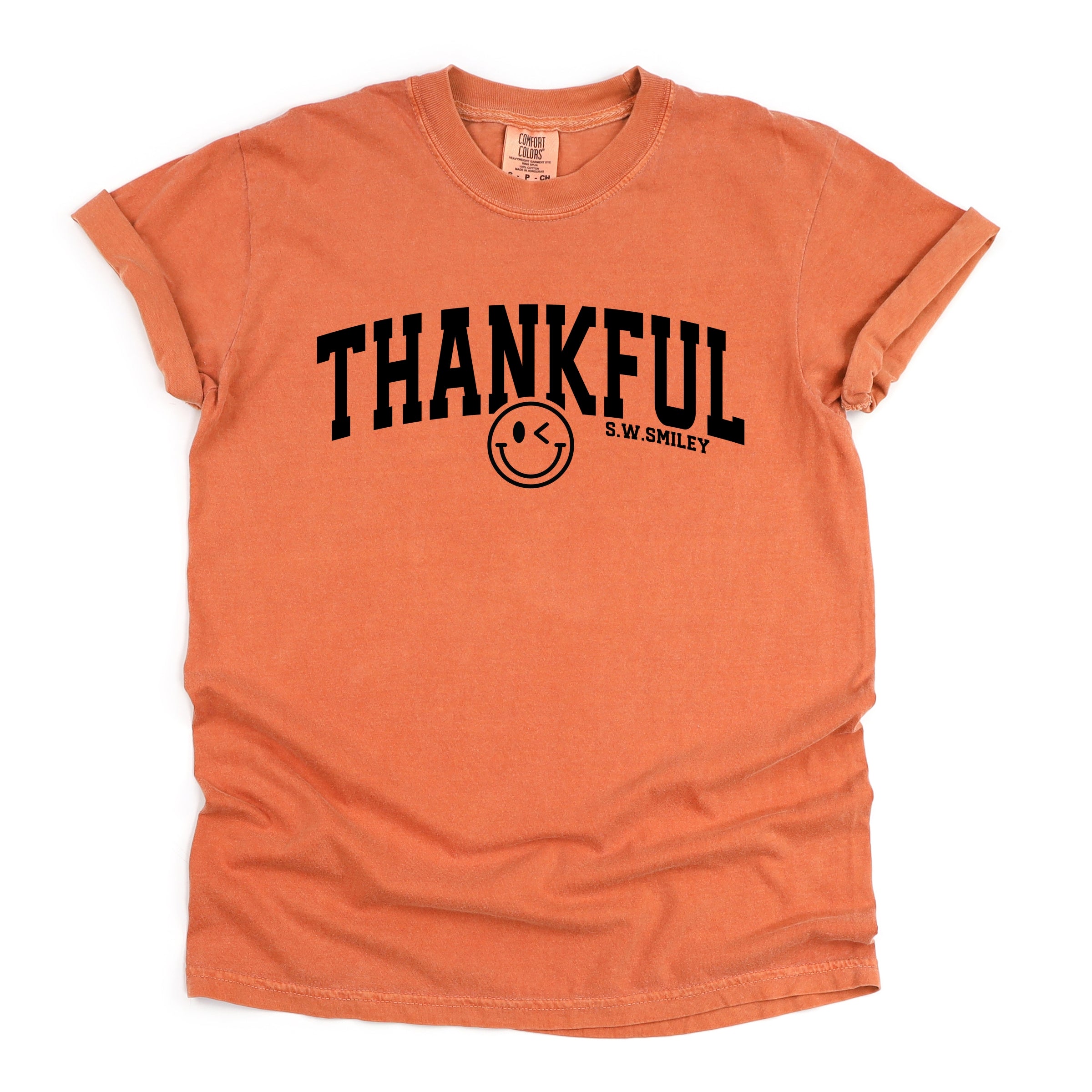 S.W.Smiley Thankful Varsity Arched - Women's Garment Dyed Graphic T-Shirt