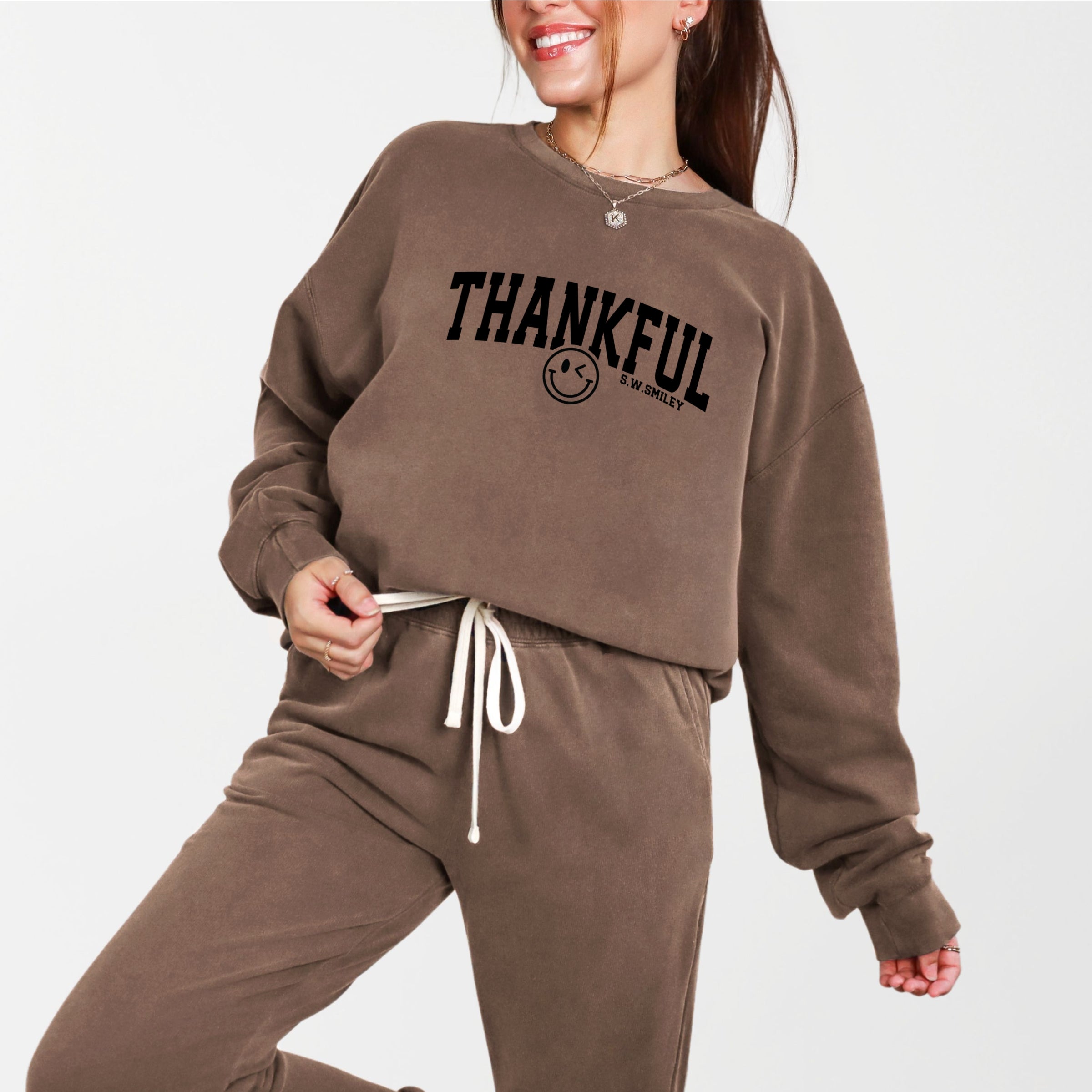 S.W.Smiley Thankful Varsity Arched - Women's Lightweight Garment Dyed Sweatshirt
