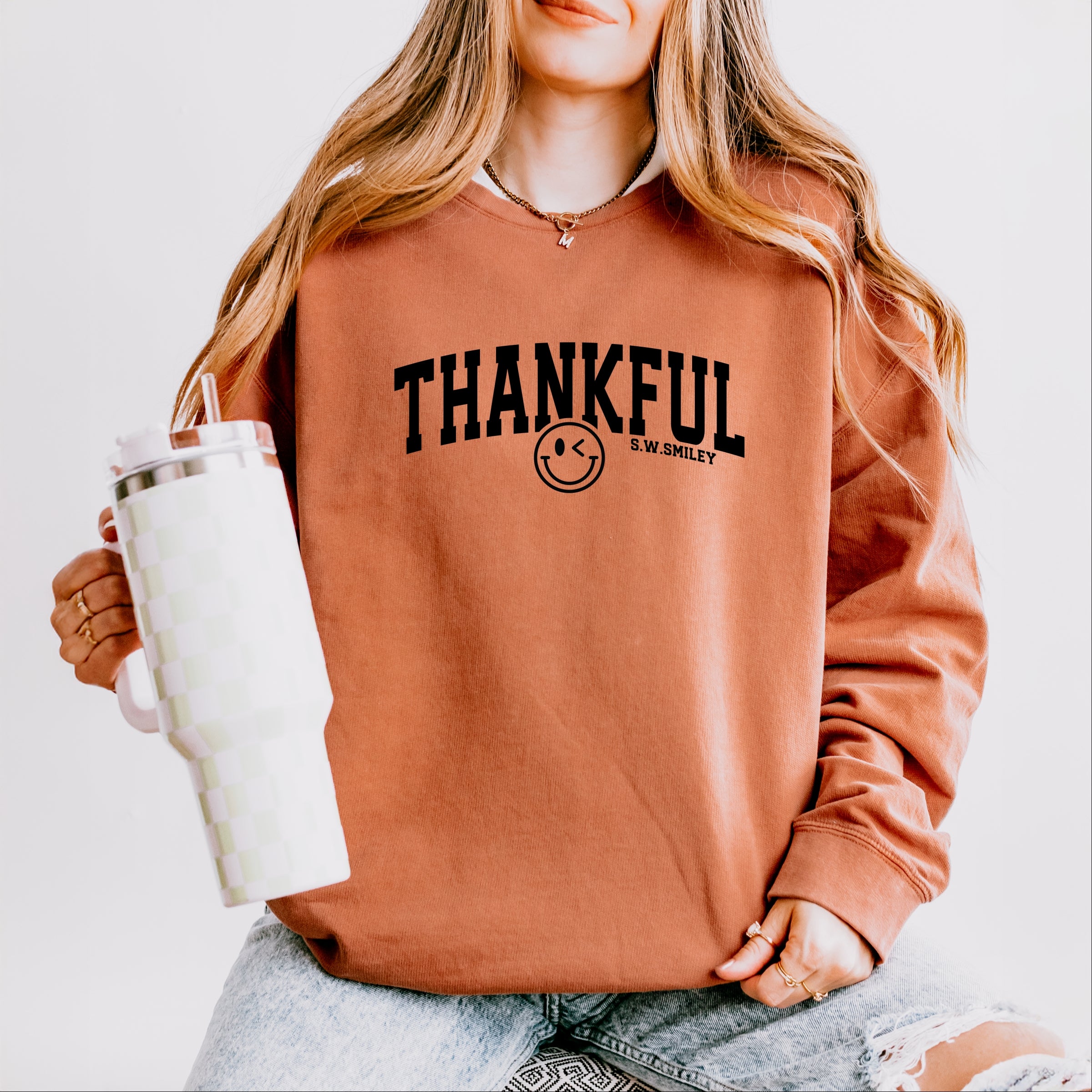S.W.Smiley Thankful Varsity Arched - Women's Lightweight Garment Dyed Sweatshirt