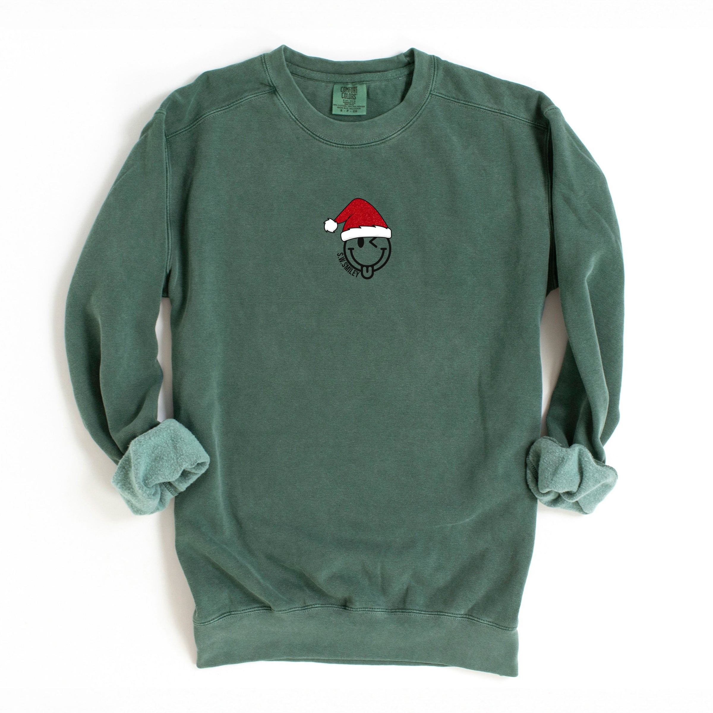 S.W.Smiley Santa Hat Glitter - Women's Garment Dyed Graphic Sweatshirt