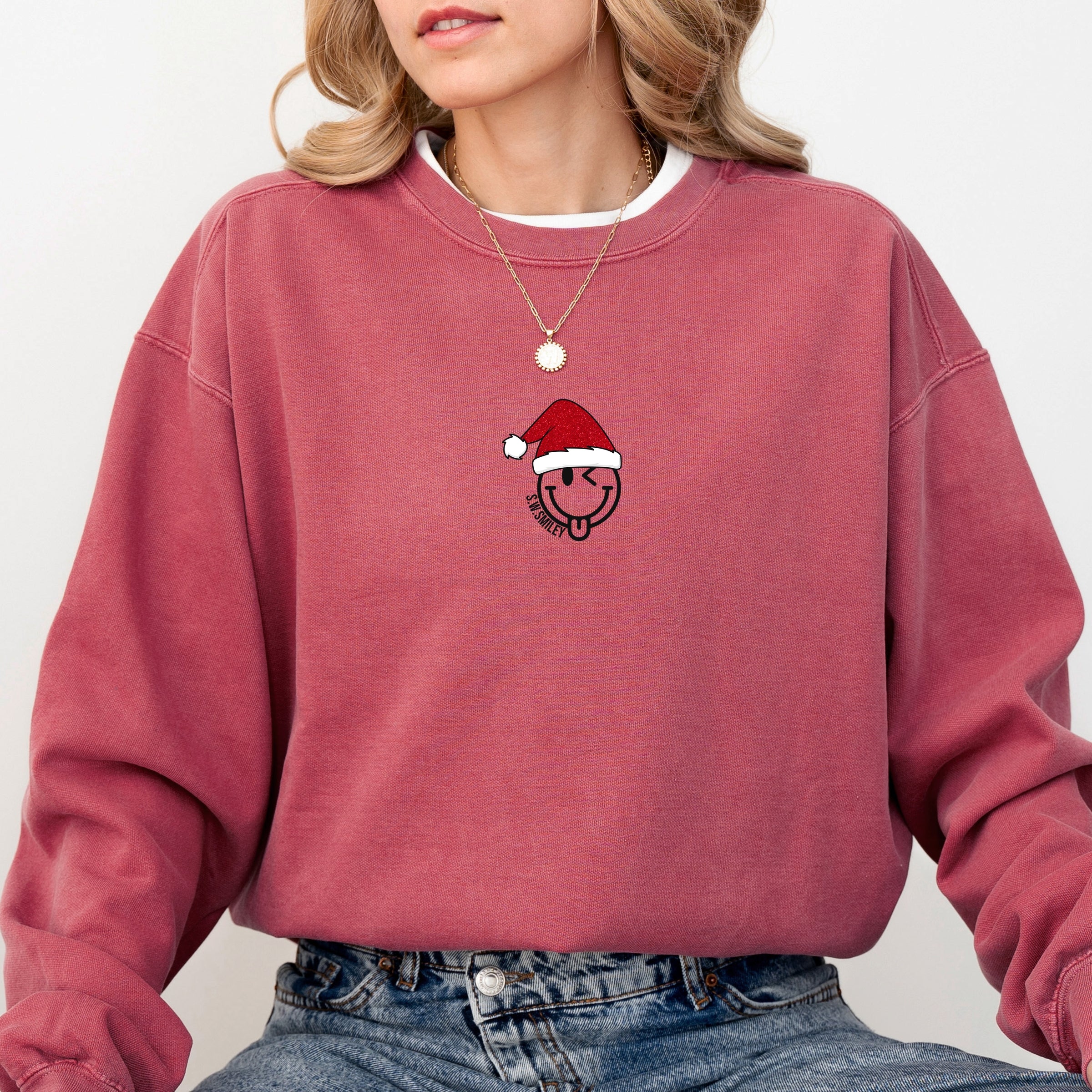 S.W.Smiley Santa Hat Glitter - Women's Garment Dyed Graphic Sweatshirt