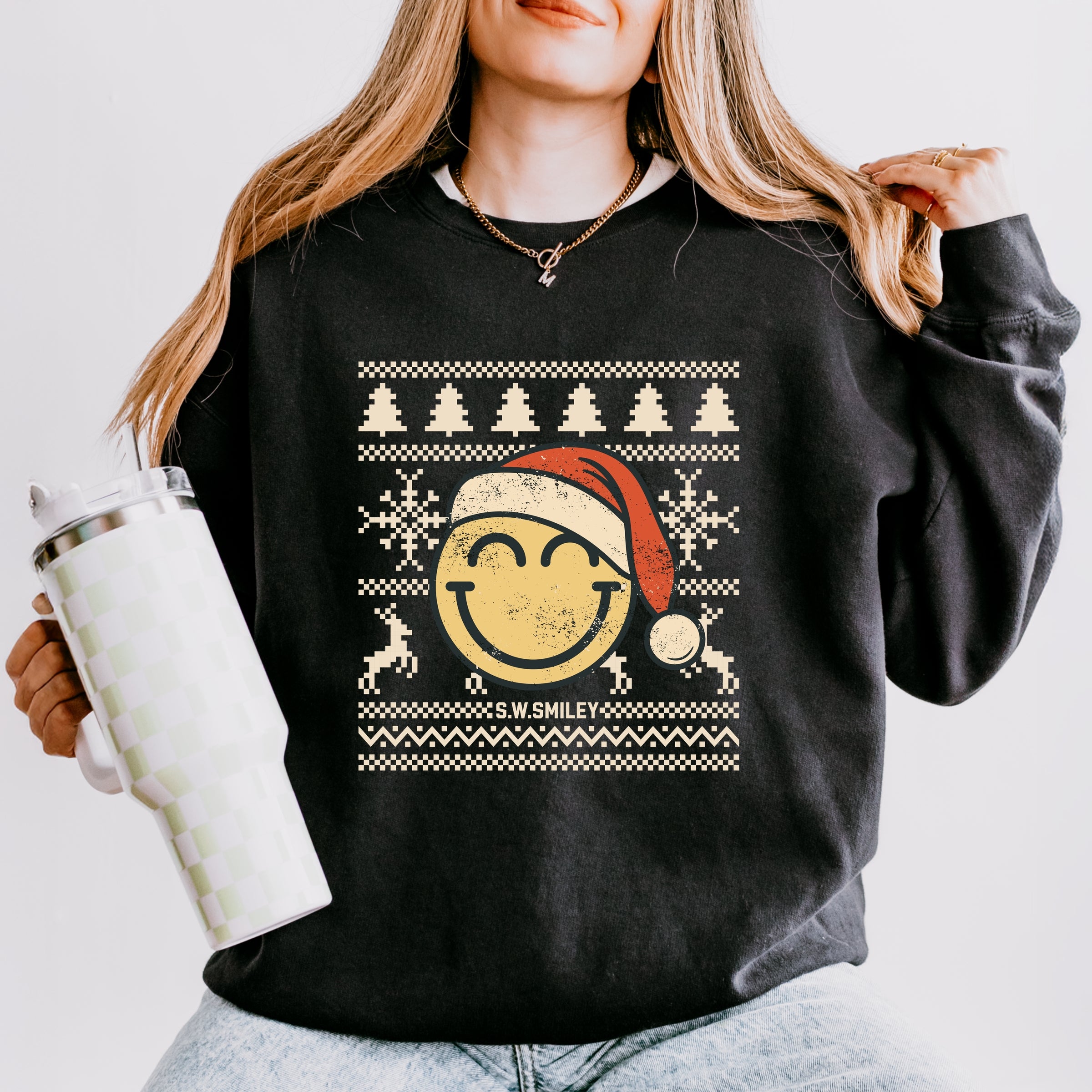 S.W.Smiley Ugly Christmas Sweater Distressed - Women's Lightweight Garment Dyed Sweatshirt