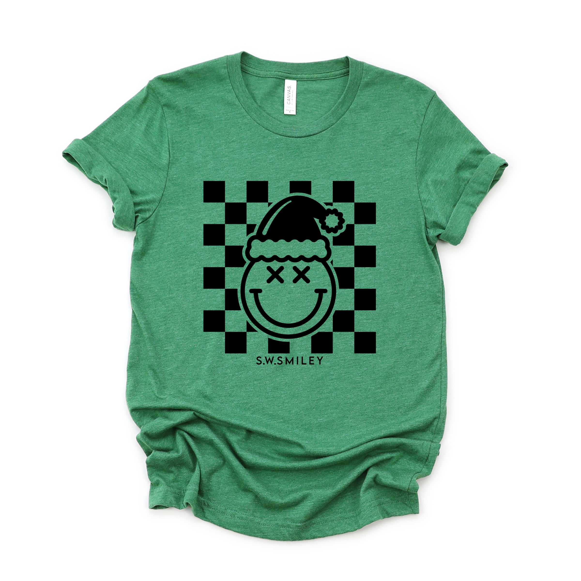 S.W.Smiley Checkered Christmas Wink - Women's Short Sleeve Graphic T-Shirt