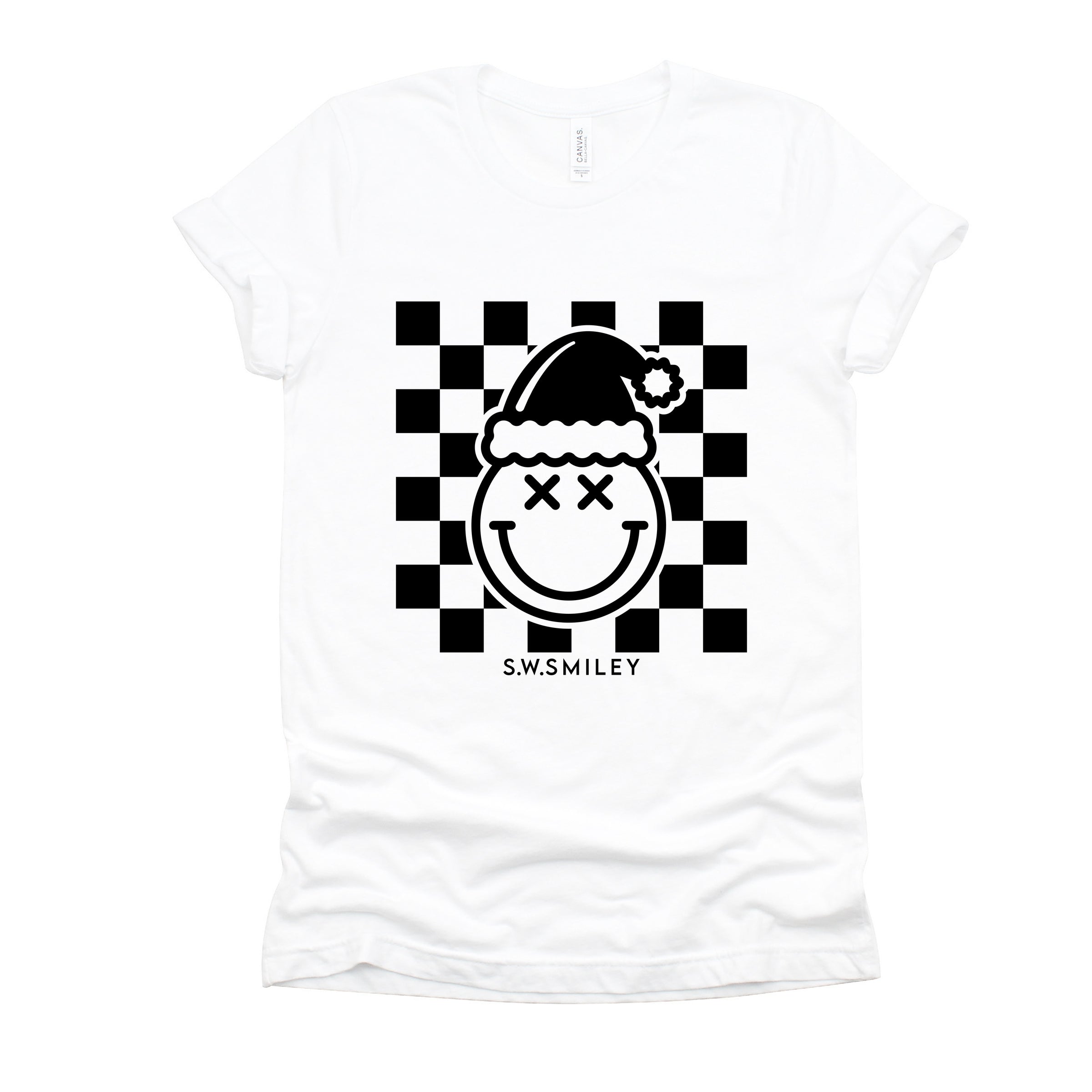 S.W.Smiley Checkered Christmas Wink - Women's Short Sleeve Graphic T-Shirt