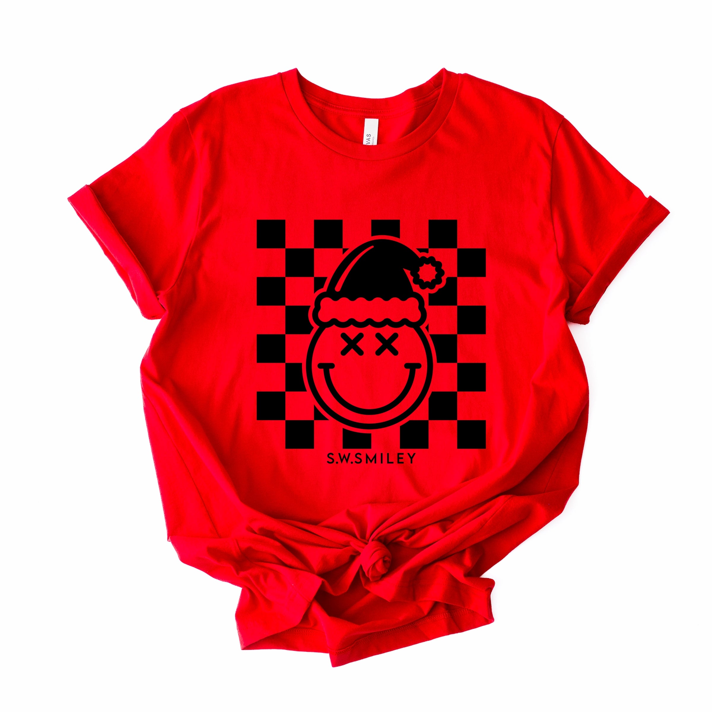 S.W.Smiley Checkered Christmas Wink - Women's Short Sleeve Graphic T-Shirt
