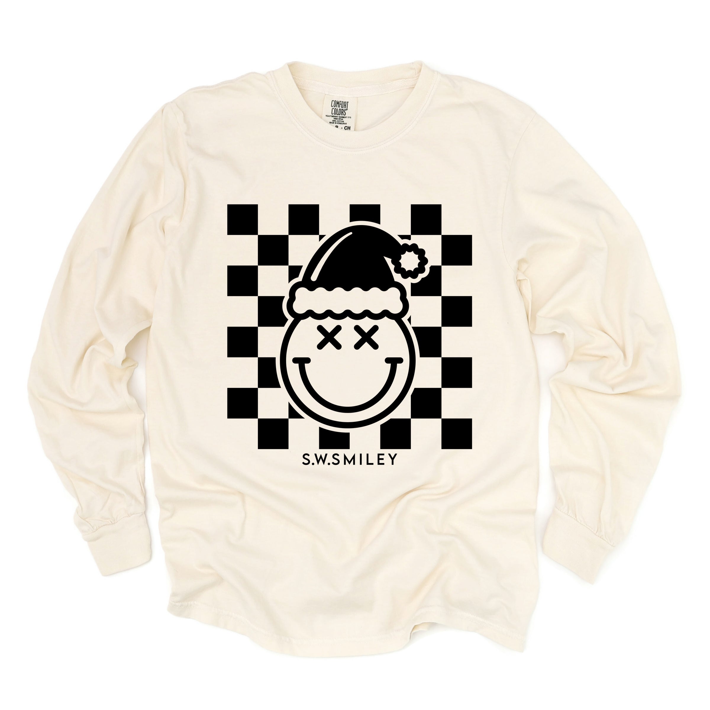 S.W.Smiley Checkered Christmas Wink - Women's Garment Dyed Long Sleeve Graphic T-Shirt