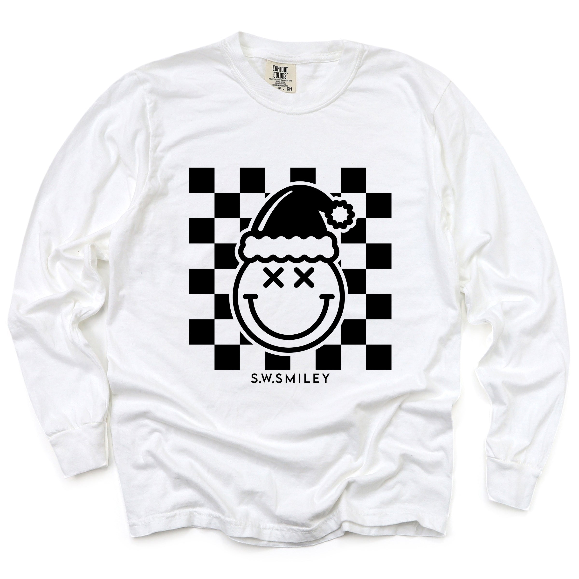 S.W.Smiley Checkered Christmas Wink - Women's Garment Dyed Long Sleeve Graphic T-Shirt