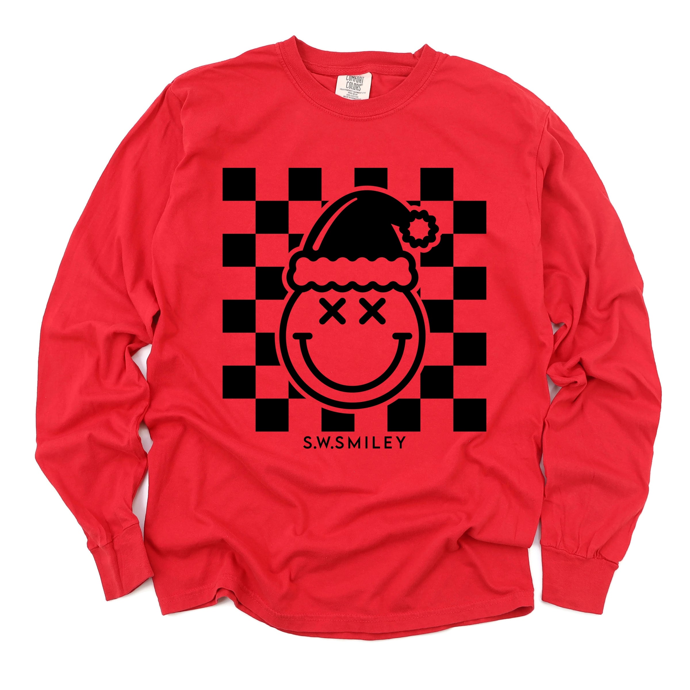 S.W.Smiley Checkered Christmas Wink - Women's Garment Dyed Long Sleeve Graphic T-Shirt