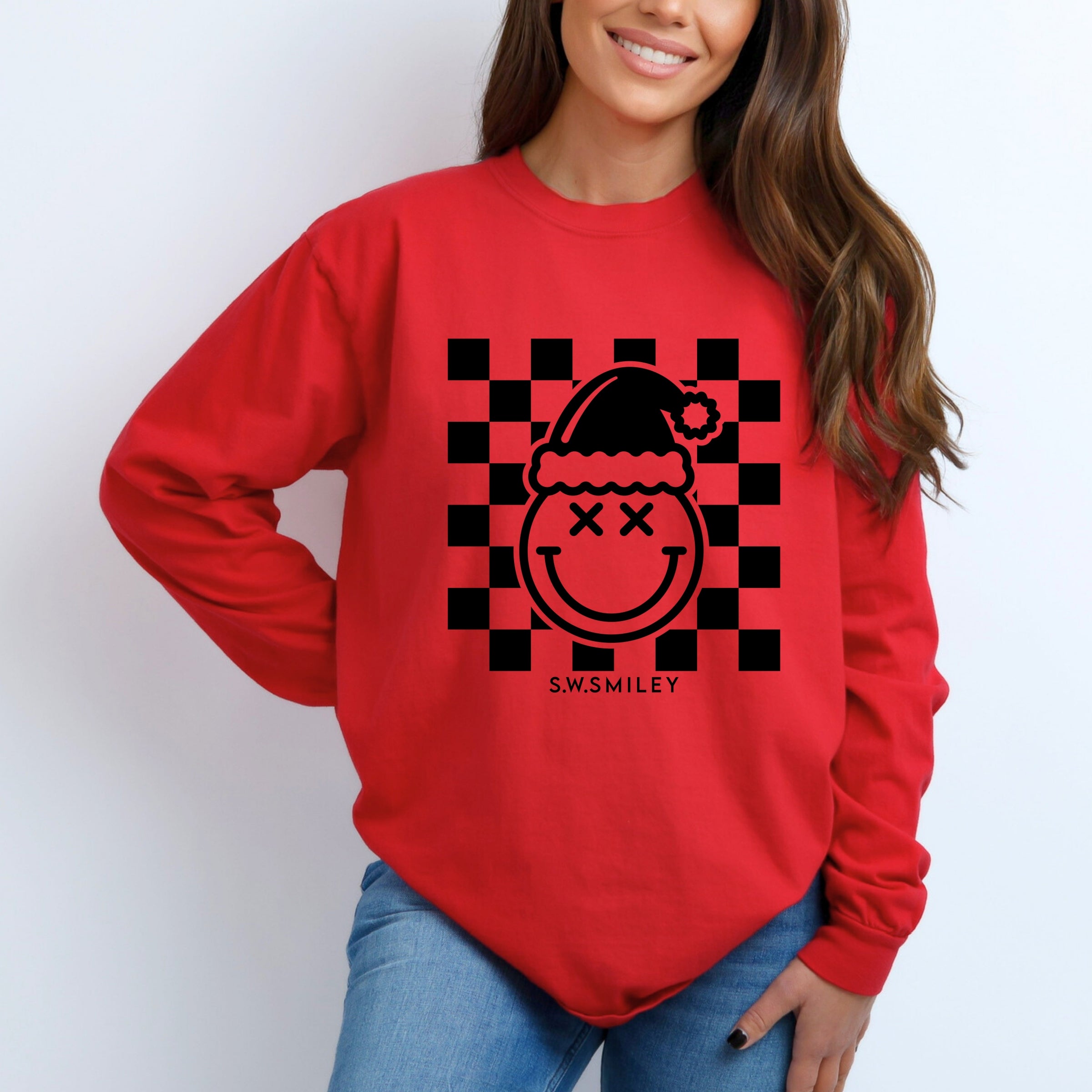 S.W.Smiley Checkered Christmas Wink - Women's Garment Dyed Long Sleeve Graphic T-Shirt