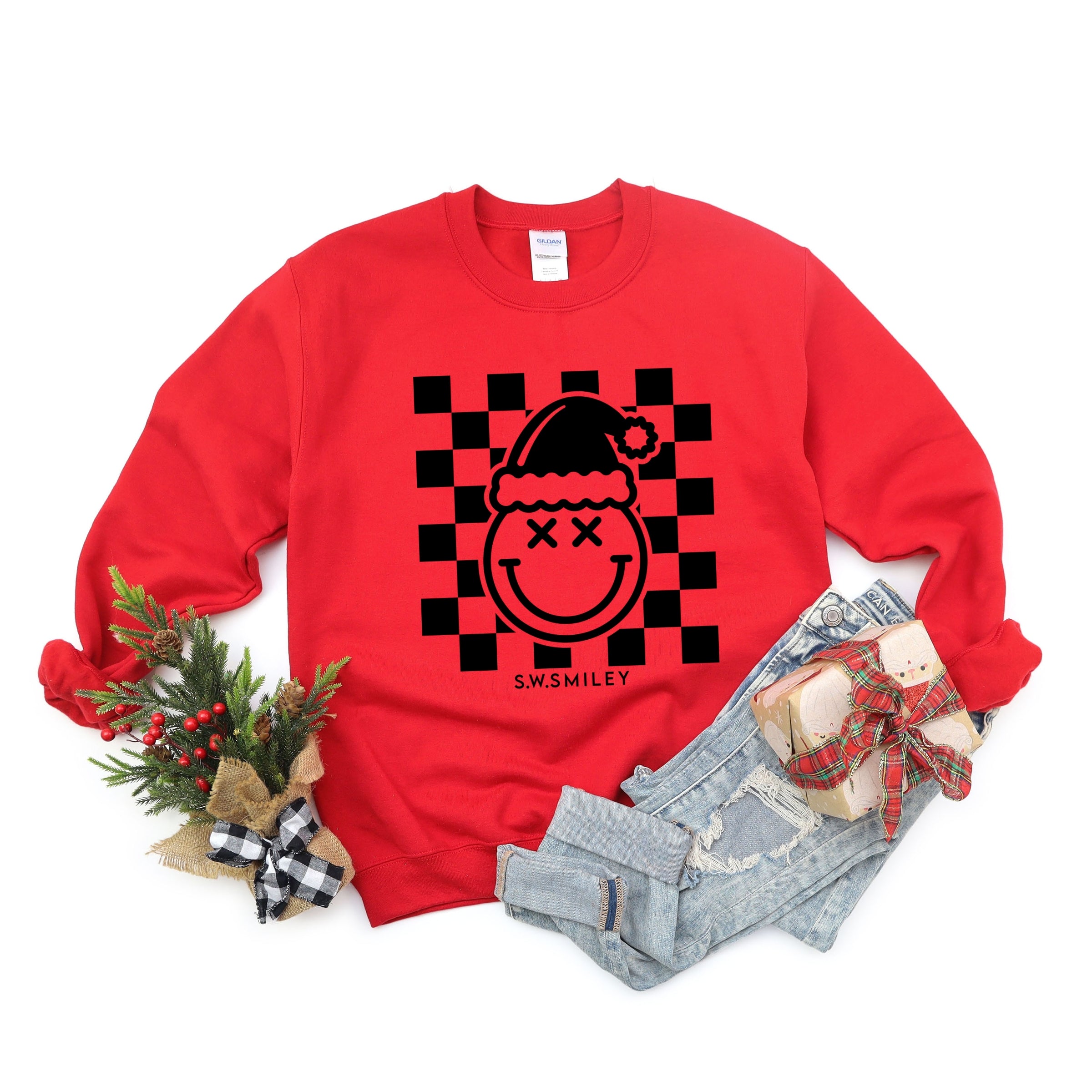 S.W.Smiley Checkered Christmas Wink - Women's Graphic Sweatshirt