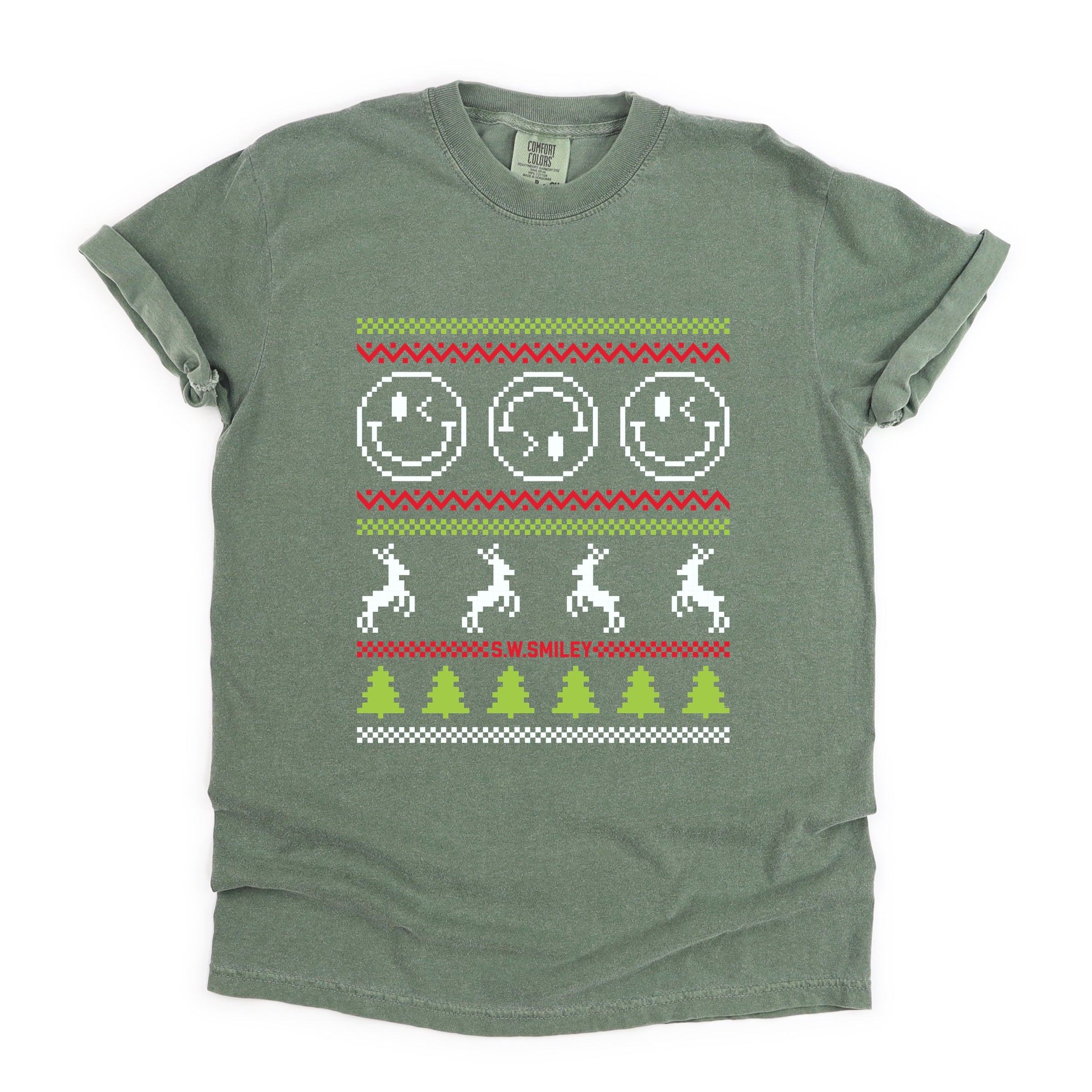 S.W.Smiley Ugly Christmas Sweater Pixels - Women's Garment Dyed Graphic T-Shirt