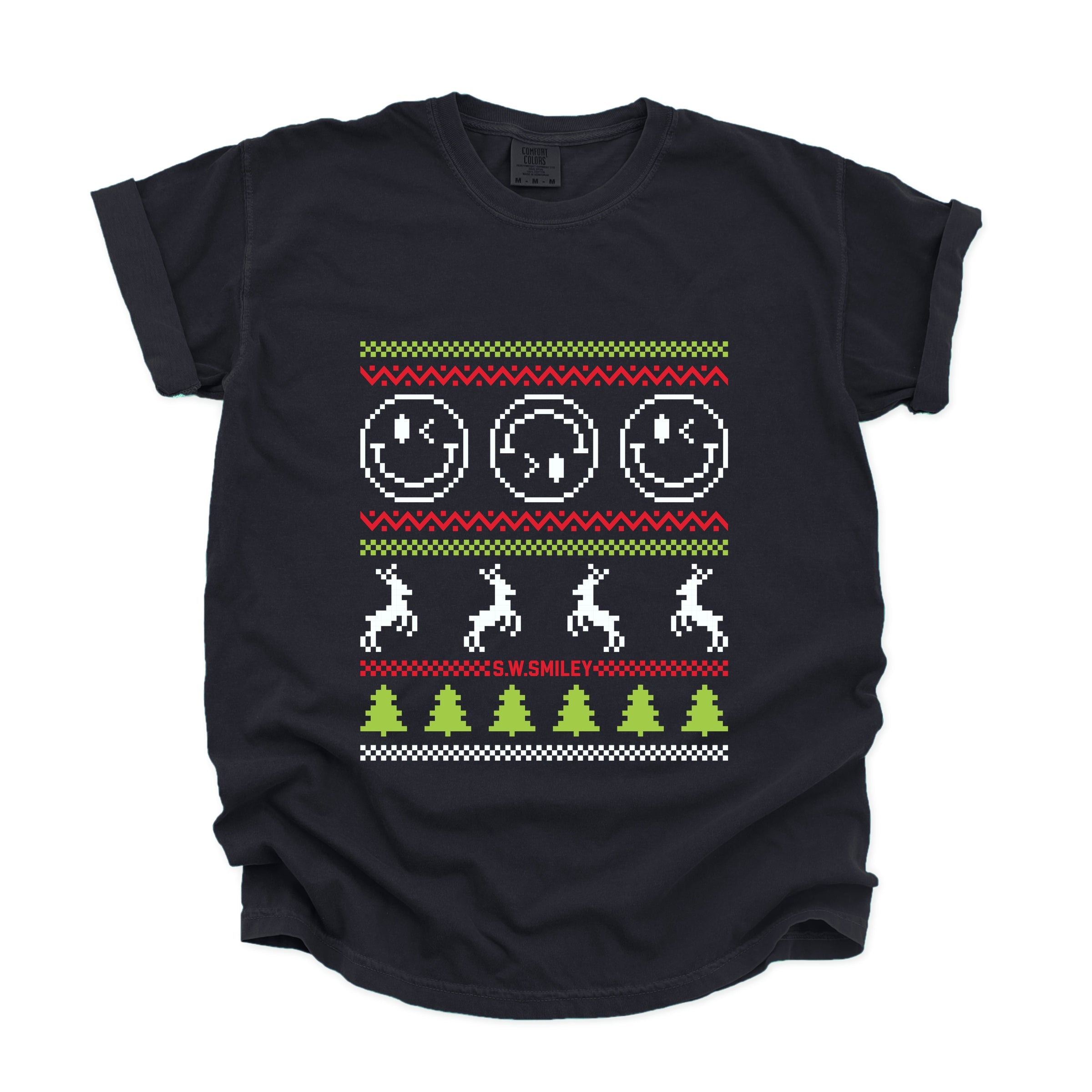 S.W.Smiley Ugly Christmas Sweater Pixels - Women's Garment Dyed Graphic T-Shirt